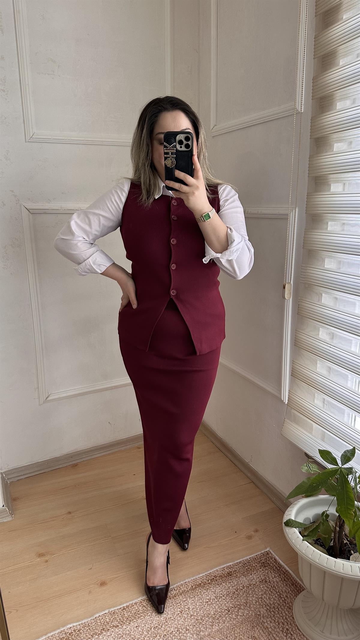 Çelik örgü triko yelek etek takım bordo