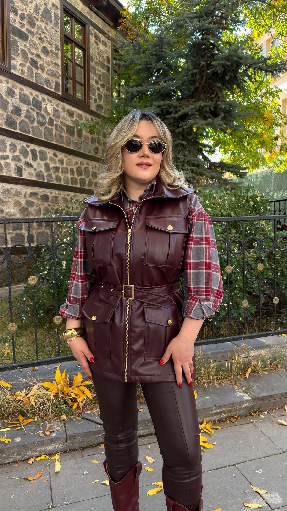 CEP DETAYLI KUŞAKLI DERİ YELEK BORDO