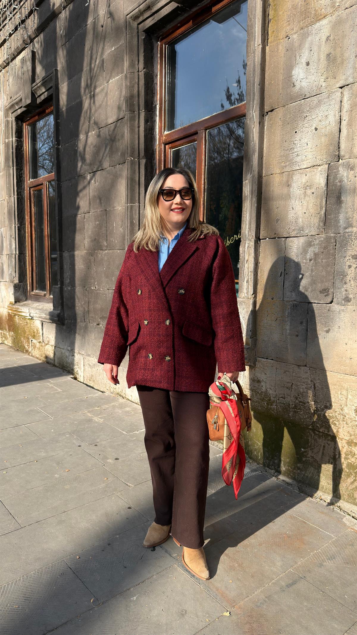 CHANEL KUMAŞ KRUVAZE ÇİFT DÜĞMELİ KABAN BORDO
