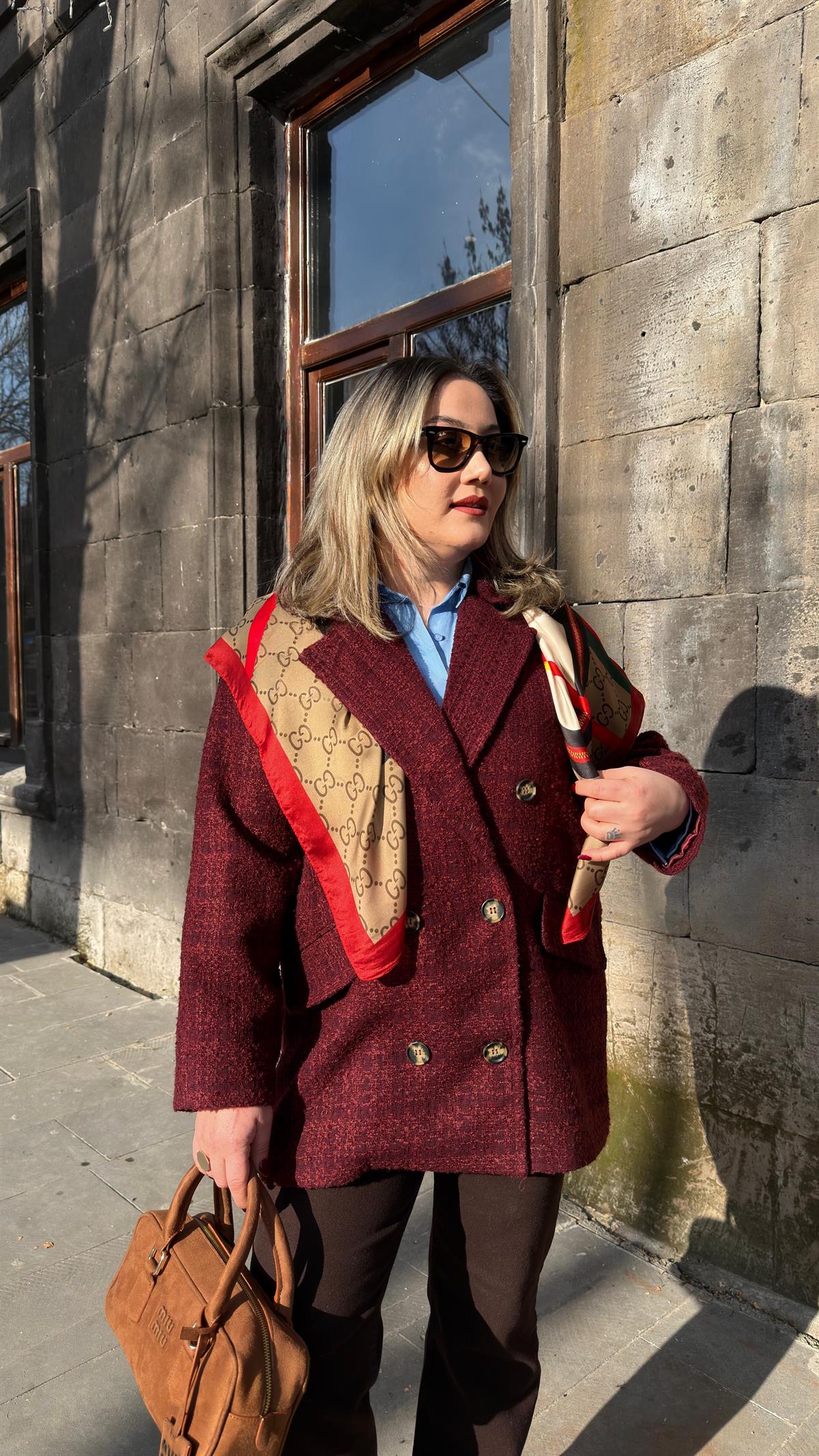 CHANEL KUMAŞ KRUVAZE ÇİFT DÜĞMELİ KABAN BORDO
