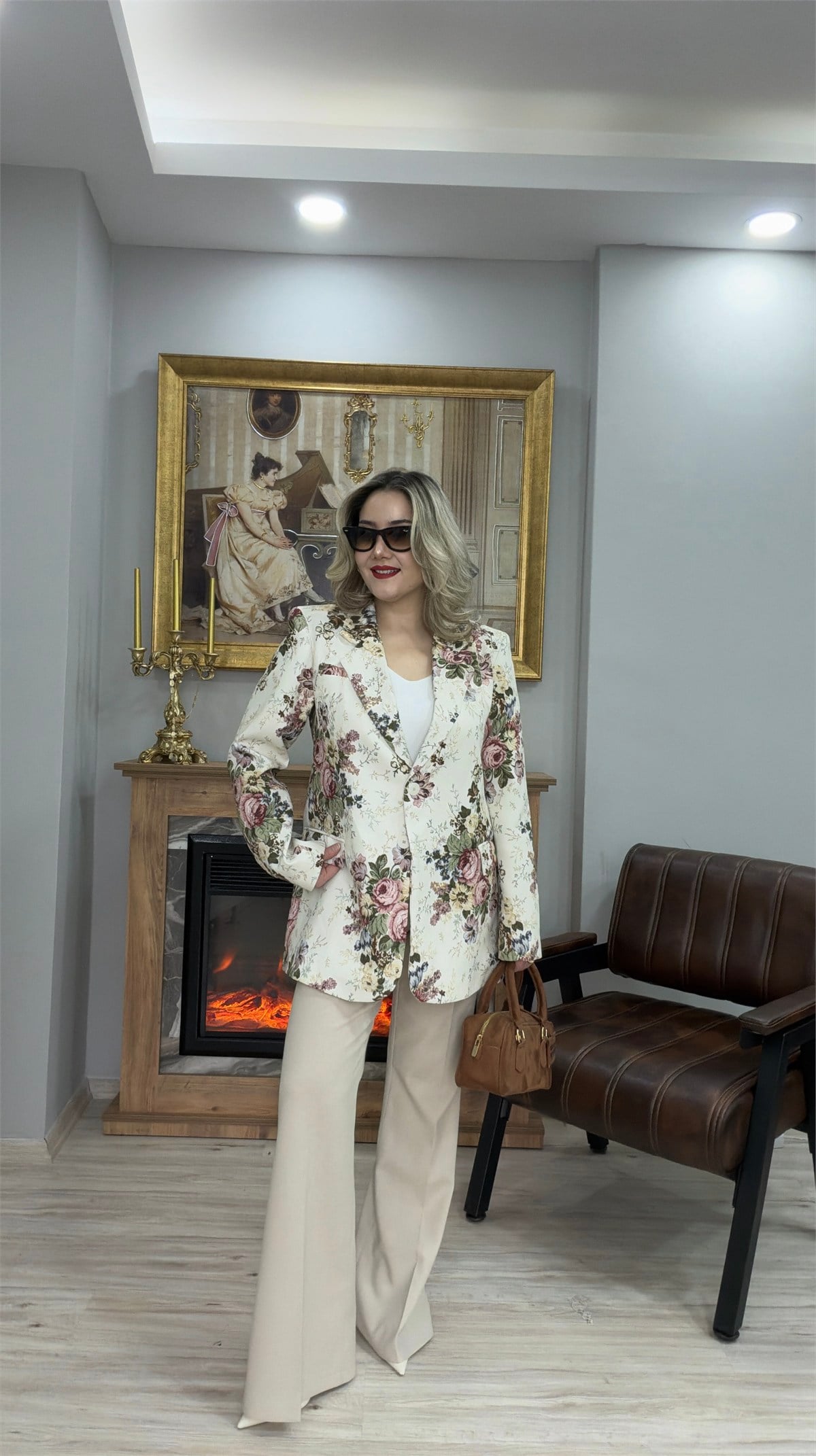 ÇİÇEK DESENLİ BLAZER CEKET EKRU