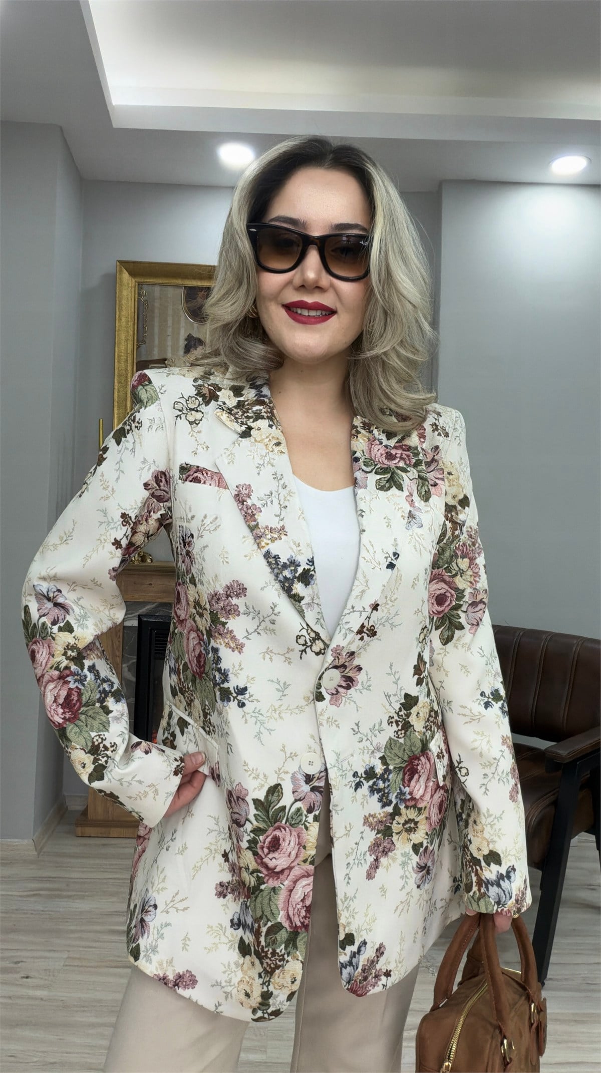 ÇİÇEK DESENLİ BLAZER CEKET EKRU