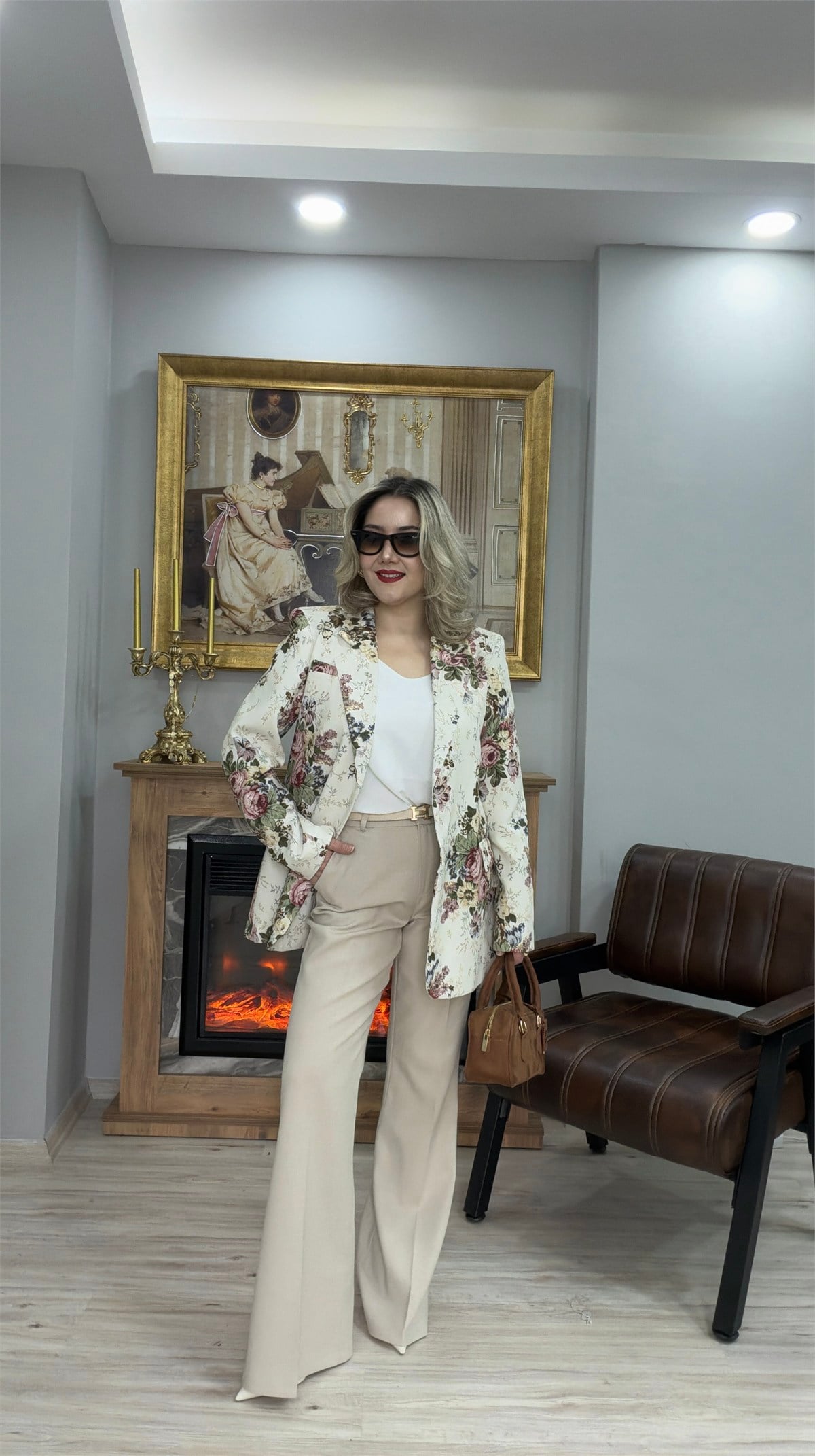 ÇİÇEK DESENLİ BLAZER CEKET EKRU