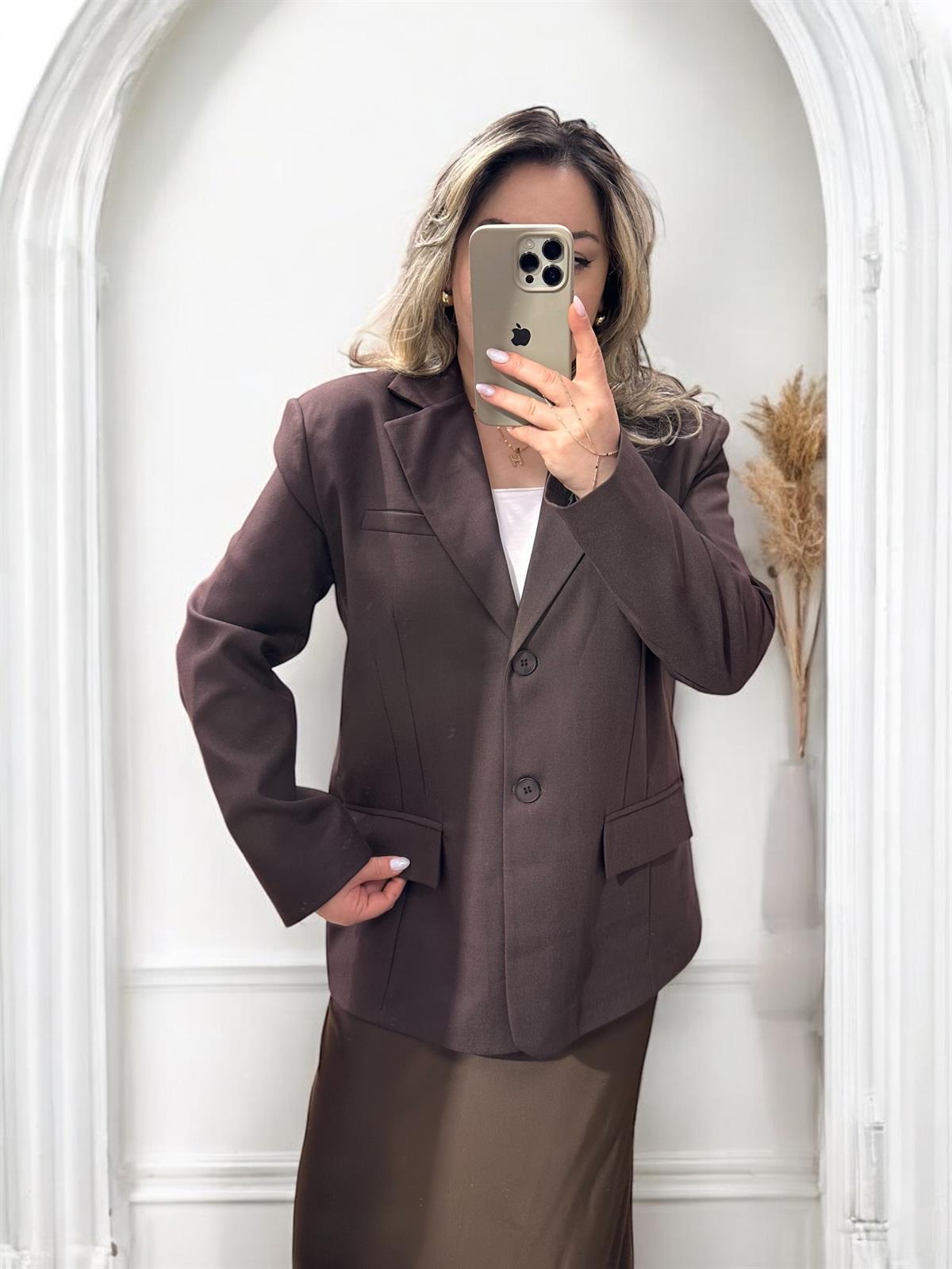 ÇİFT DÜĞMELİ OVERSİZE BLAZER CEKET ACI KAHVE