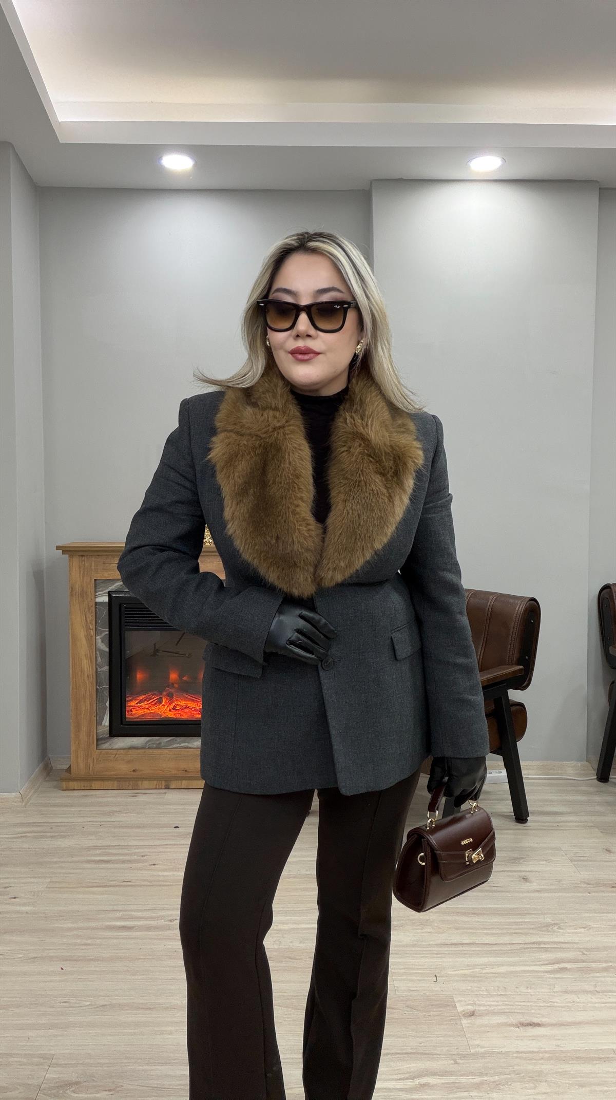 ÇIKARILABİLİR KÜRK YAKA BLAZER CEKET  ANTRASİT 