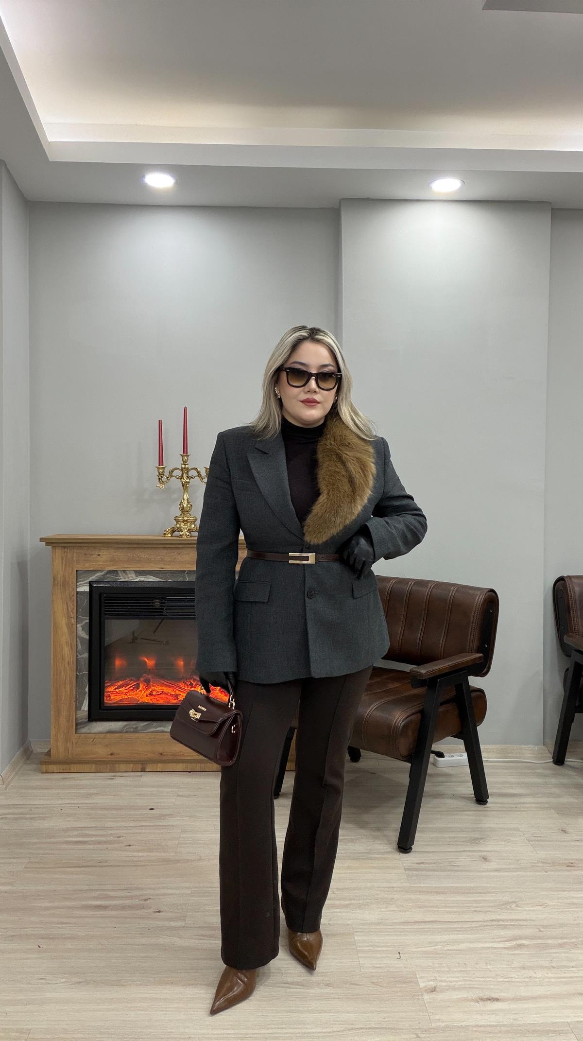 ÇIKARILABİLİR KÜRK YAKA BLAZER CEKET  ANTRASİT 