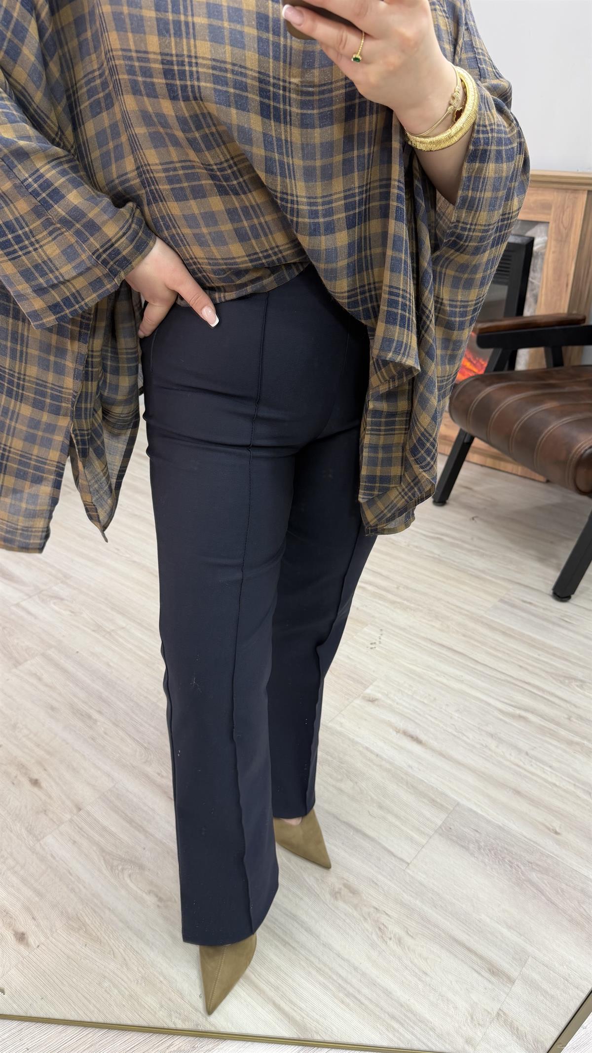 ÇİMALI LİKRALI YÜKSEK BEL PANTOLON LACİVERT