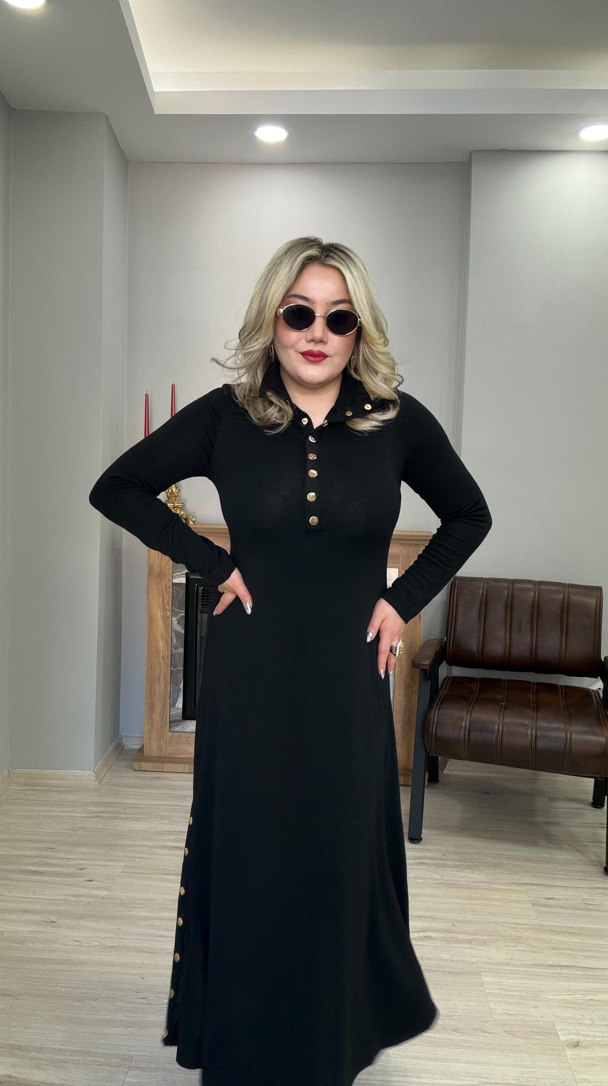 ÇITÇIT DETAYLI DİK YAKA TRİKO ELBİSE SİYAH