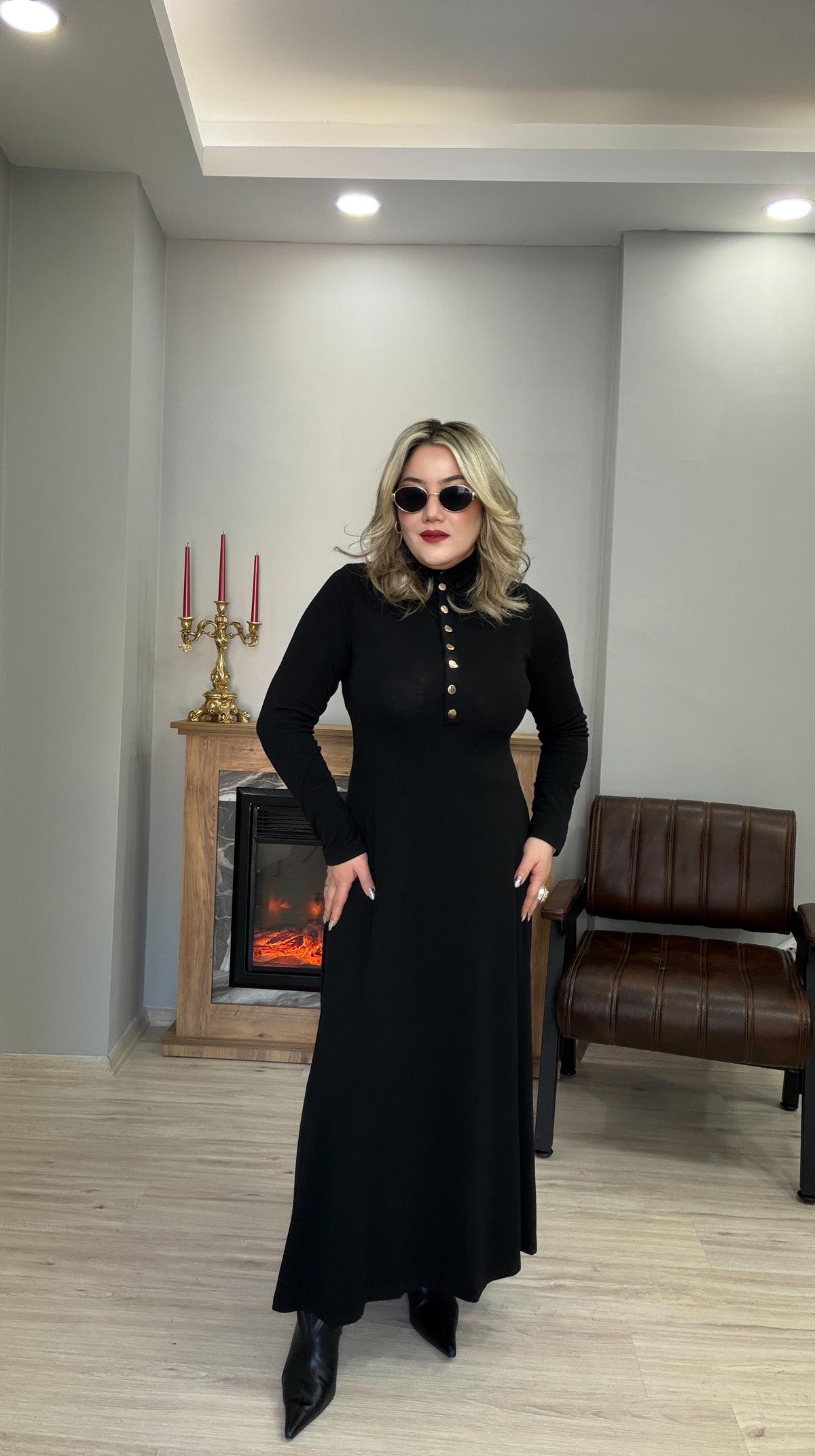 ÇITÇIT DETAYLI DİK YAKA TRİKO ELBİSE SİYAH