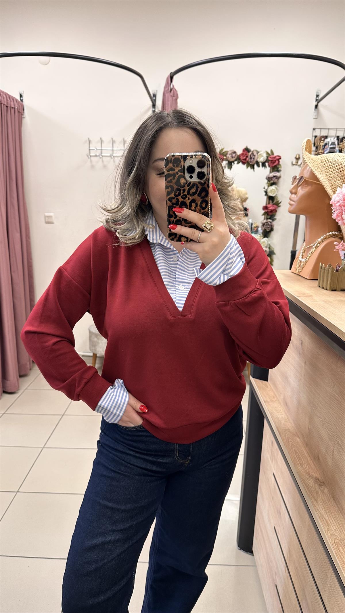 ÇİZGİLİ GÖMLEKLİ MODAL KUMAŞ SWEATSHİRT
