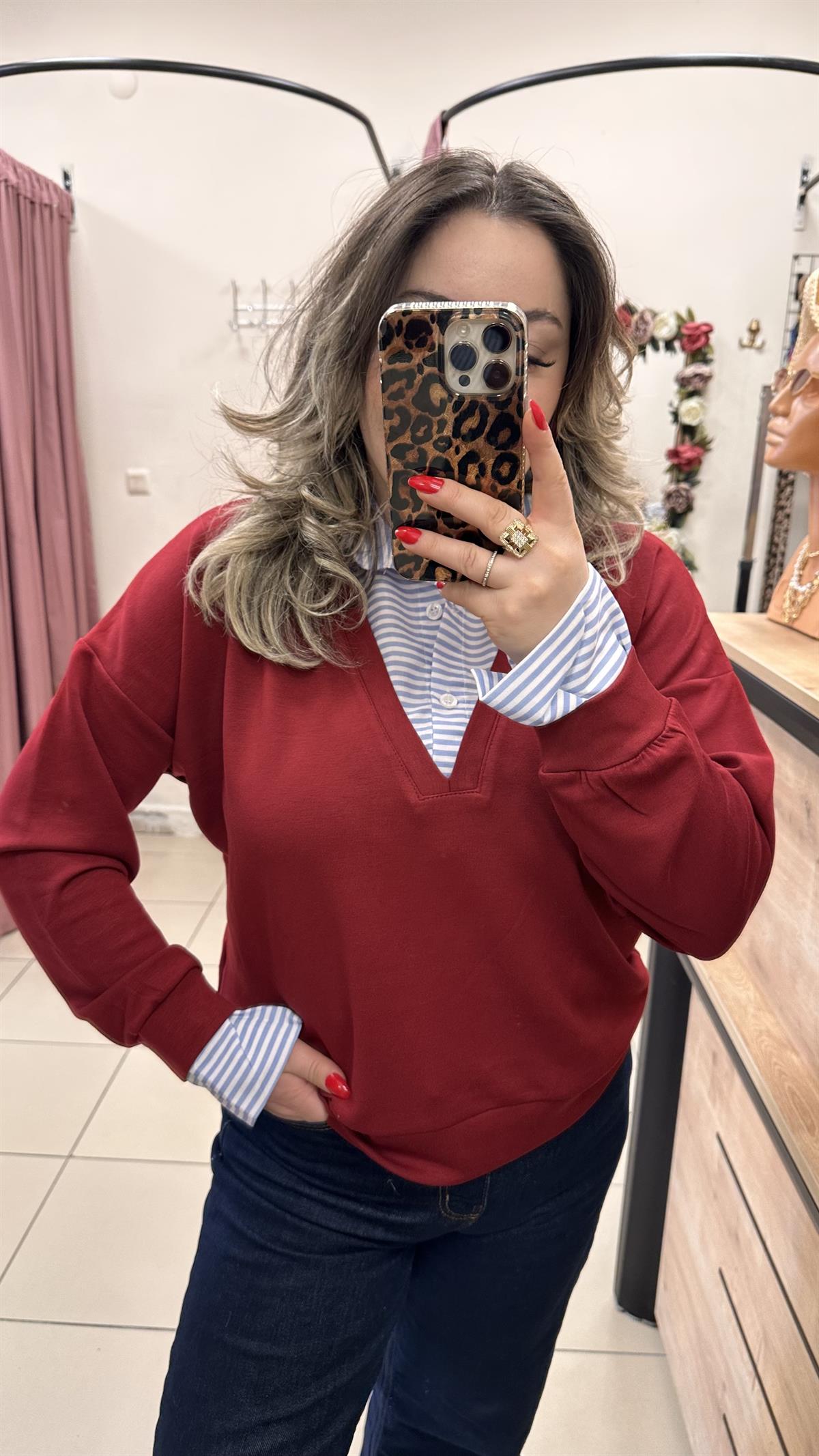 ÇİZGİLİ GÖMLEKLİ MODAL KUMAŞ SWEATSHİRT