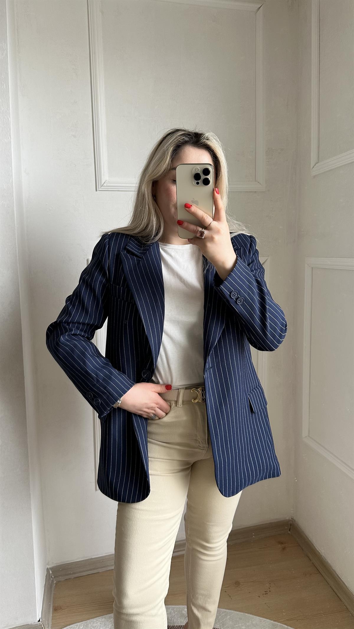 Çizgili Kruvaze yaka katlı blazer ceket