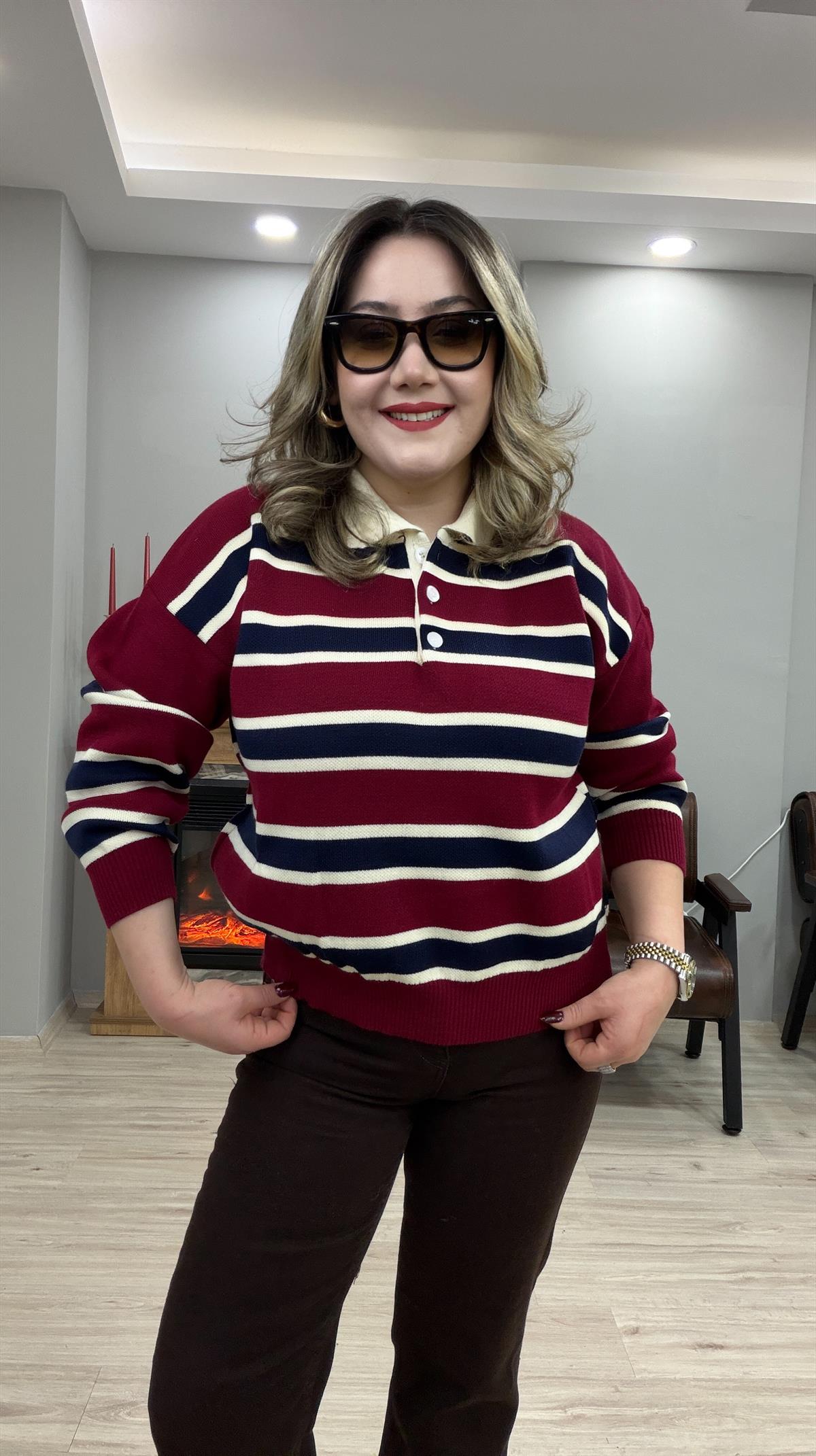 ÇİZGİLİ POLO YAKA TRİKO KAZAK KIRMIZI 