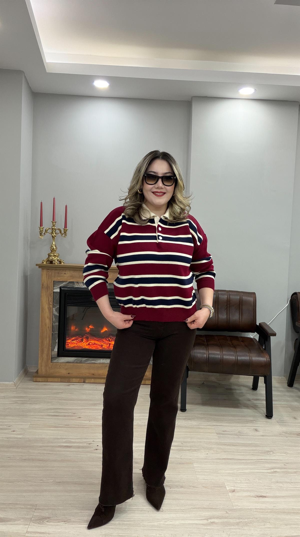 ÇİZGİLİ POLO YAKA TRİKO KAZAK KIRMIZI 