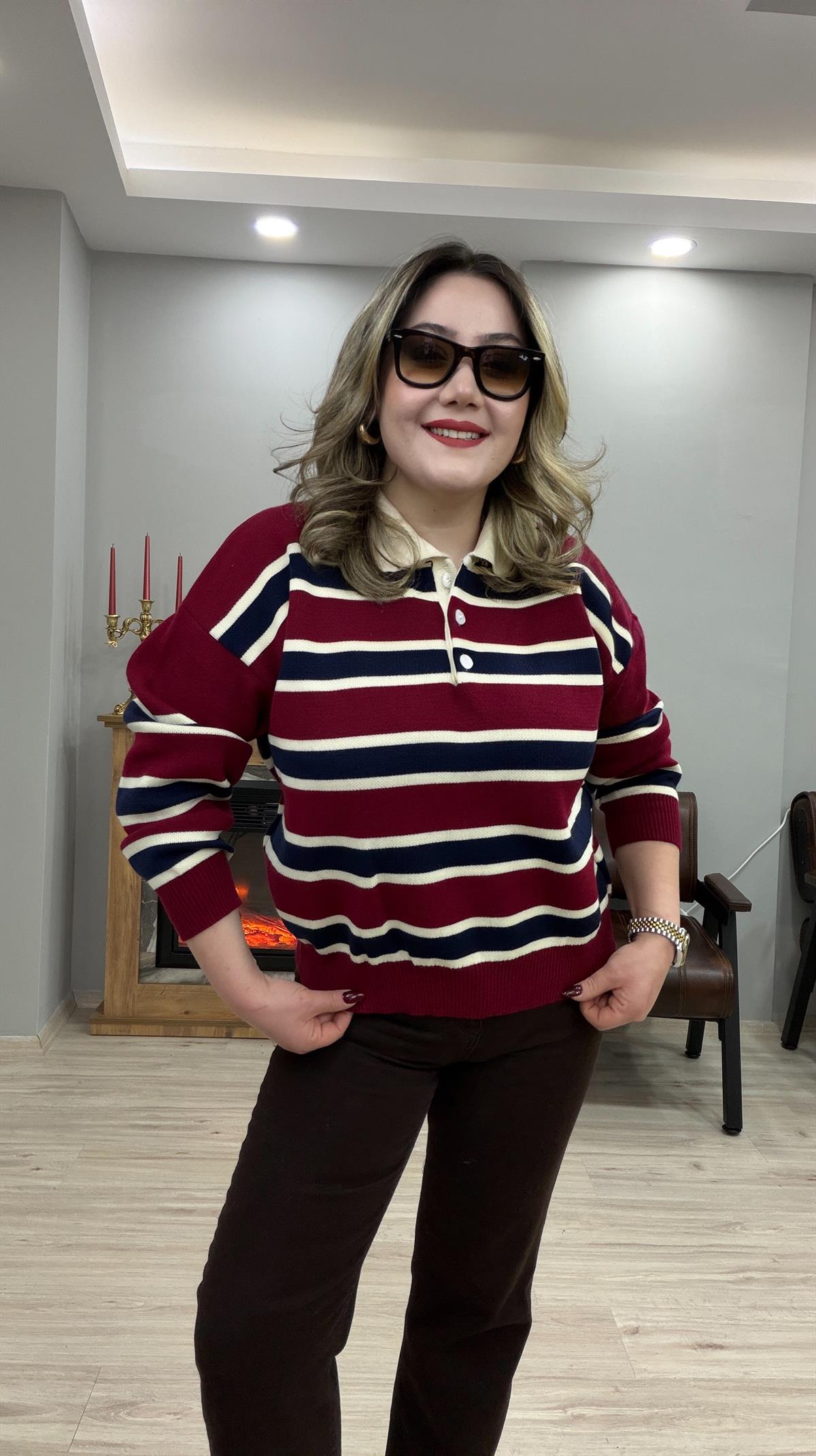 ÇİZGİLİ POLO YAKA TRİKO KAZAK KIRMIZI 