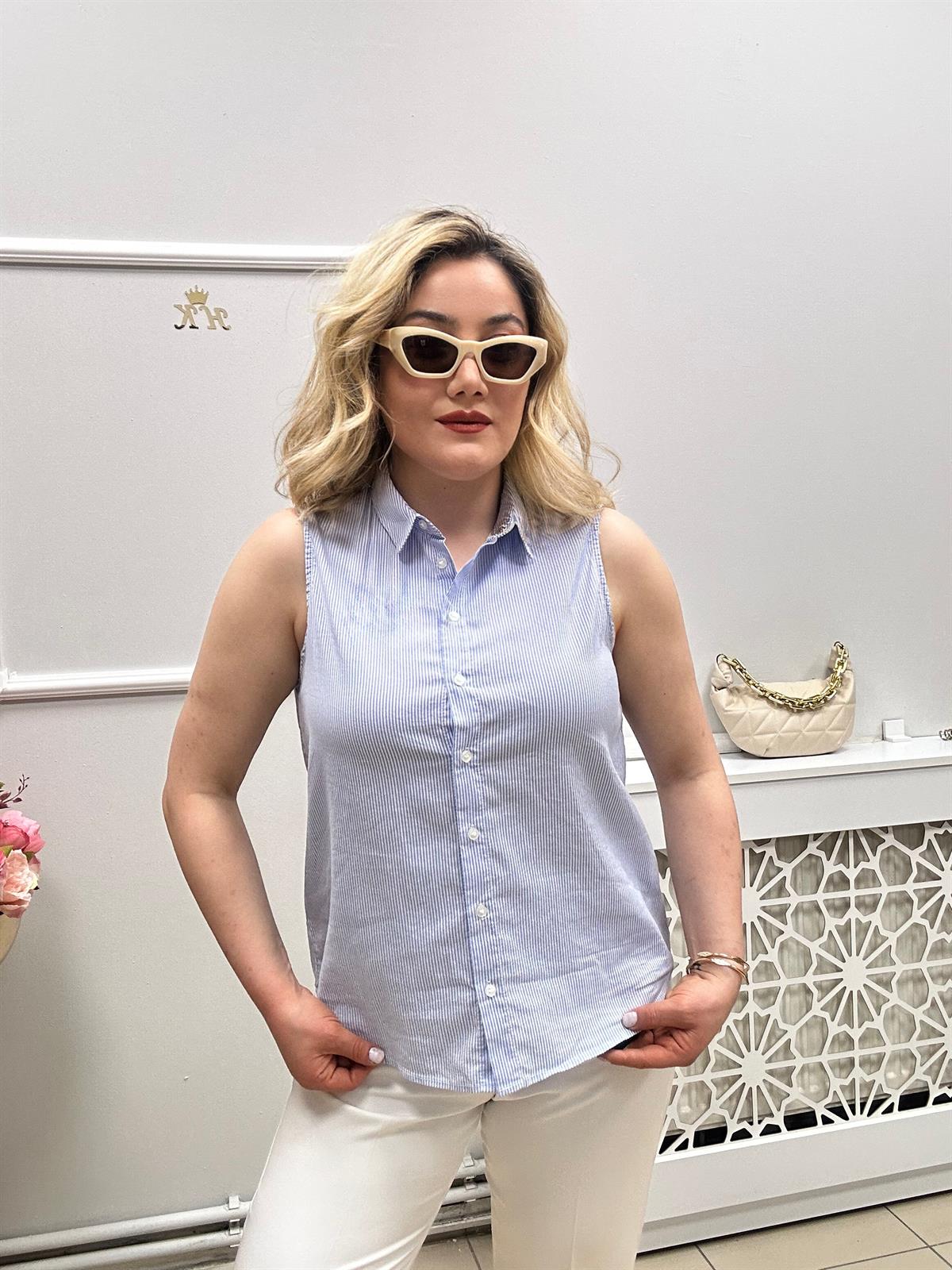 Çizgili Sıfır Kol Gömlek