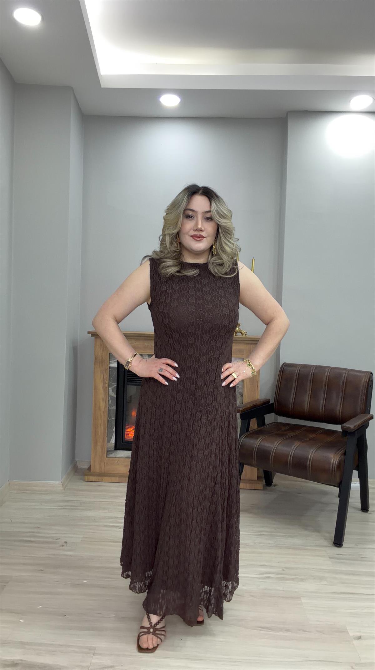 DANTEL MİDİBOY ELBİSE KAHVE