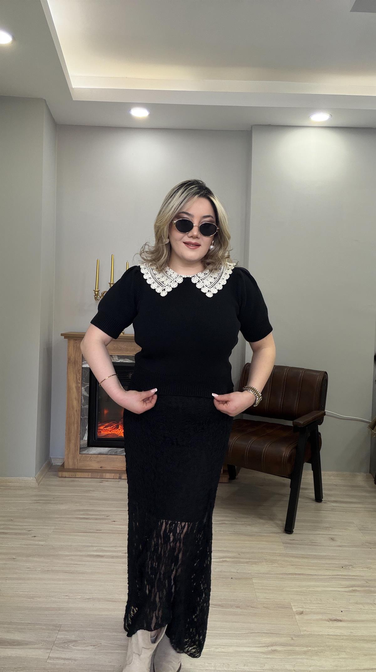 DANTEL YAKA DETAYLI  TRİKO SİYAH