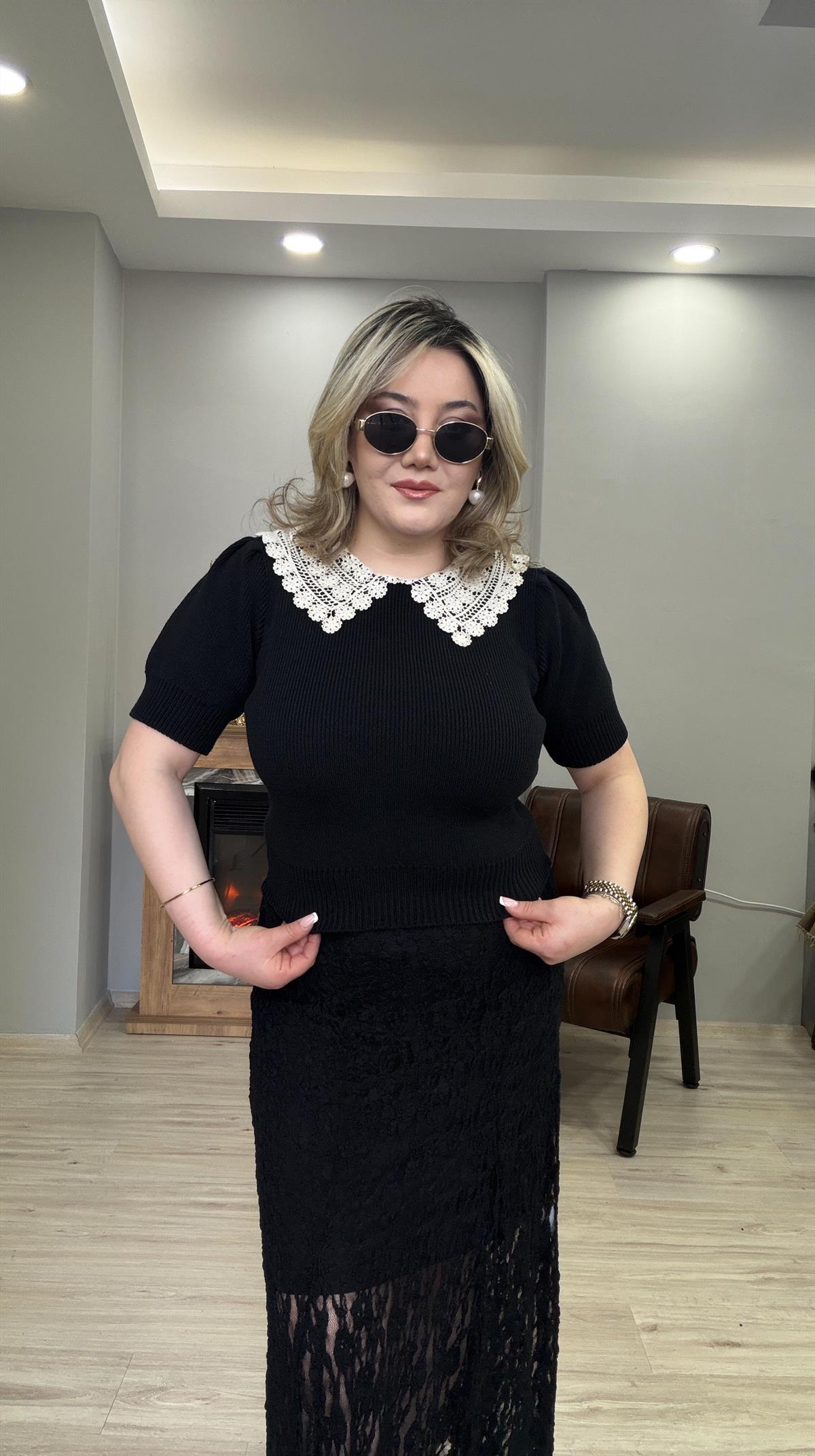 DANTEL YAKA DETAYLI  TRİKO SİYAH