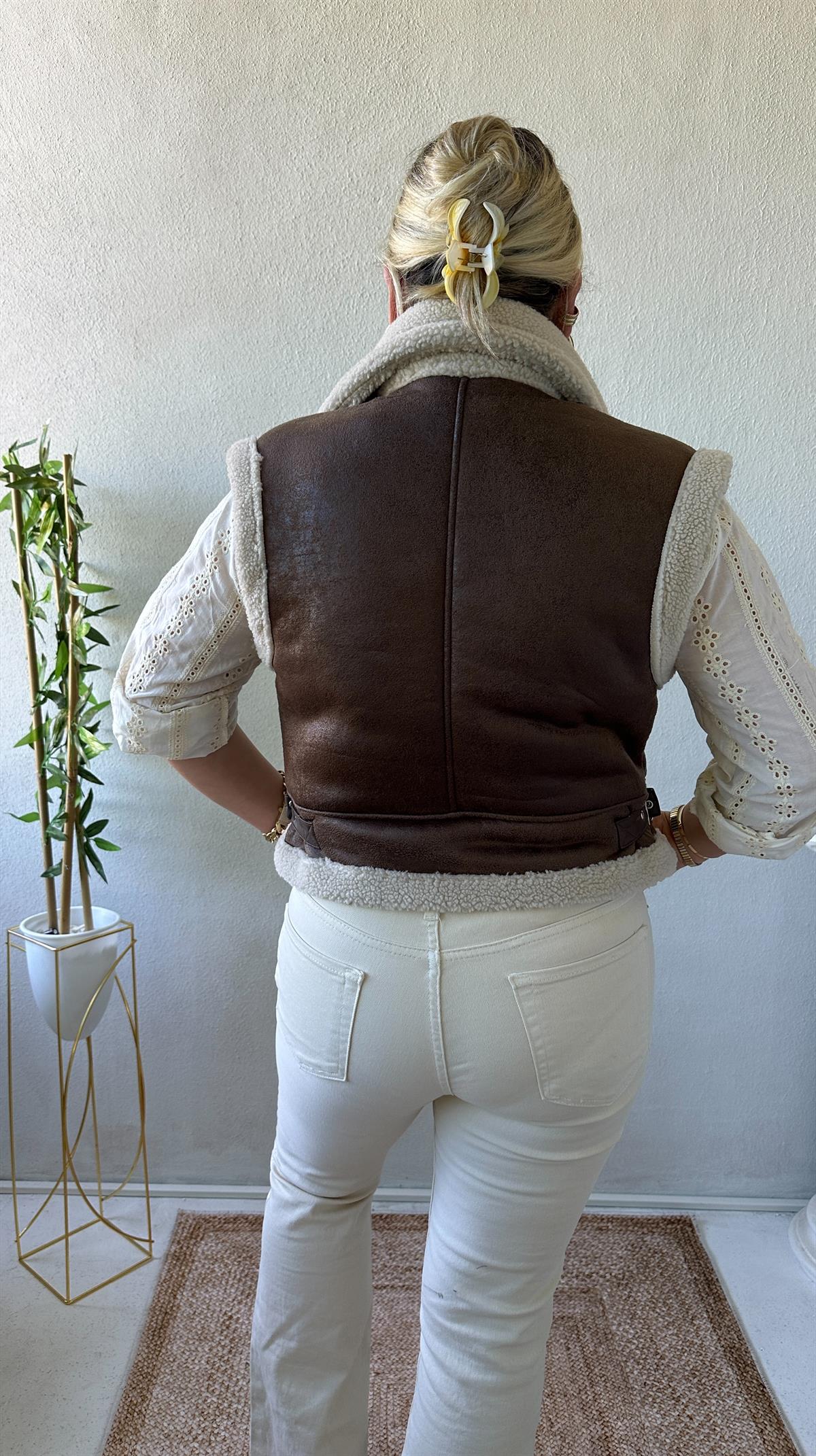 Deri Görünümlü Biker Yelek Taba