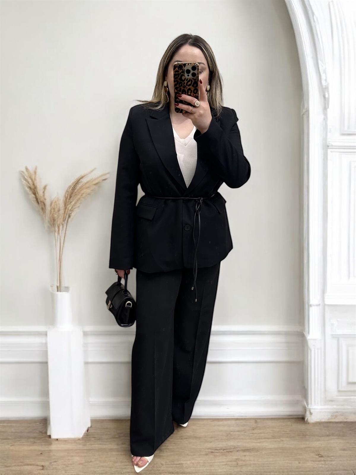 DERİ İP KEMERLİ BLAZER CEKET SİYAH