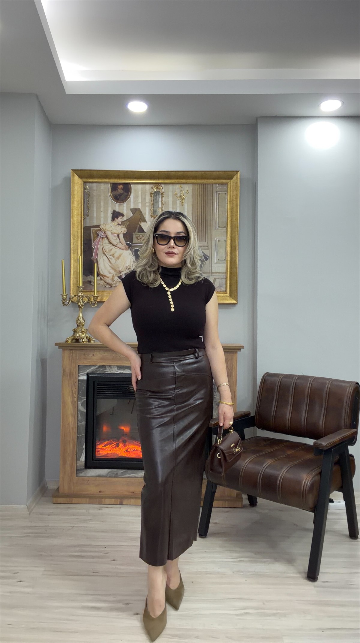DERİ MİDİ KALEM ETEK KAHVE