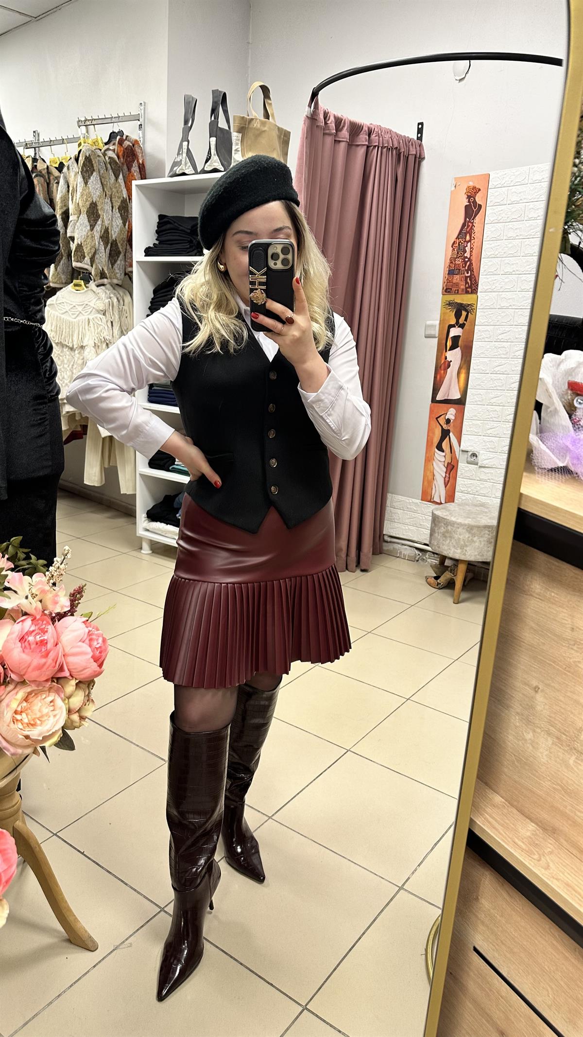 Deri pileli bordo etek