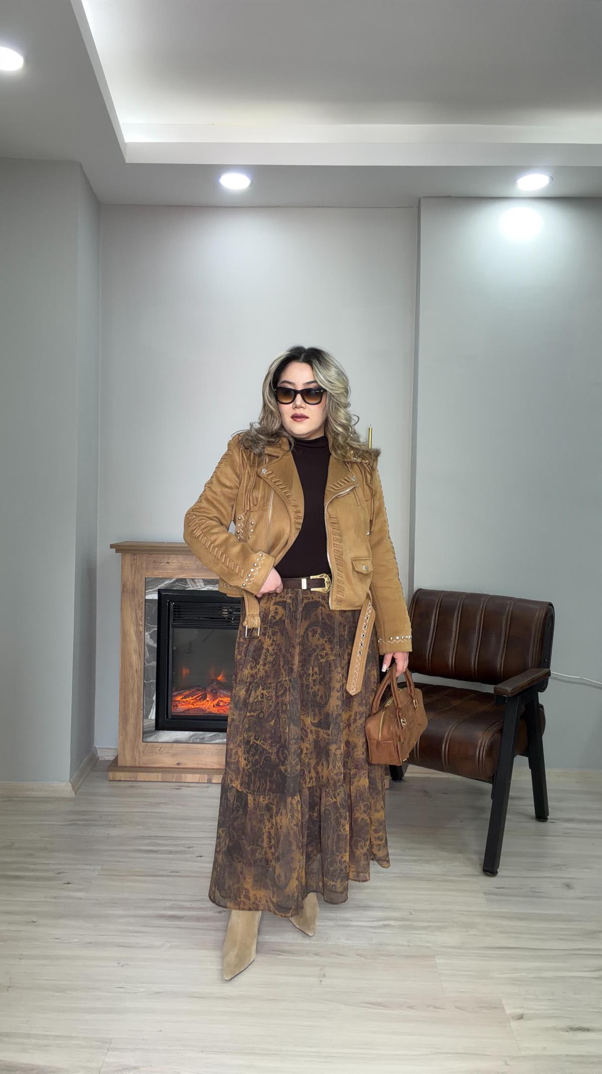 DESENLİ ŞİFON ETEK HAKİ