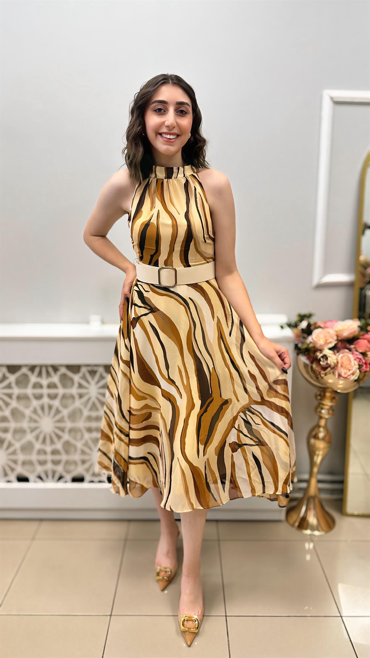 DİANA ASTARLI KEMERLİ ÇİÇEKLİ ELBİSE KAHVE
