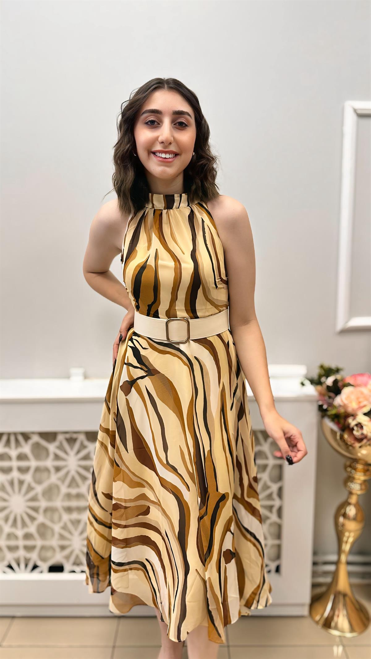 DİANA ASTARLI KEMERLİ ÇİÇEKLİ ELBİSE KAHVE