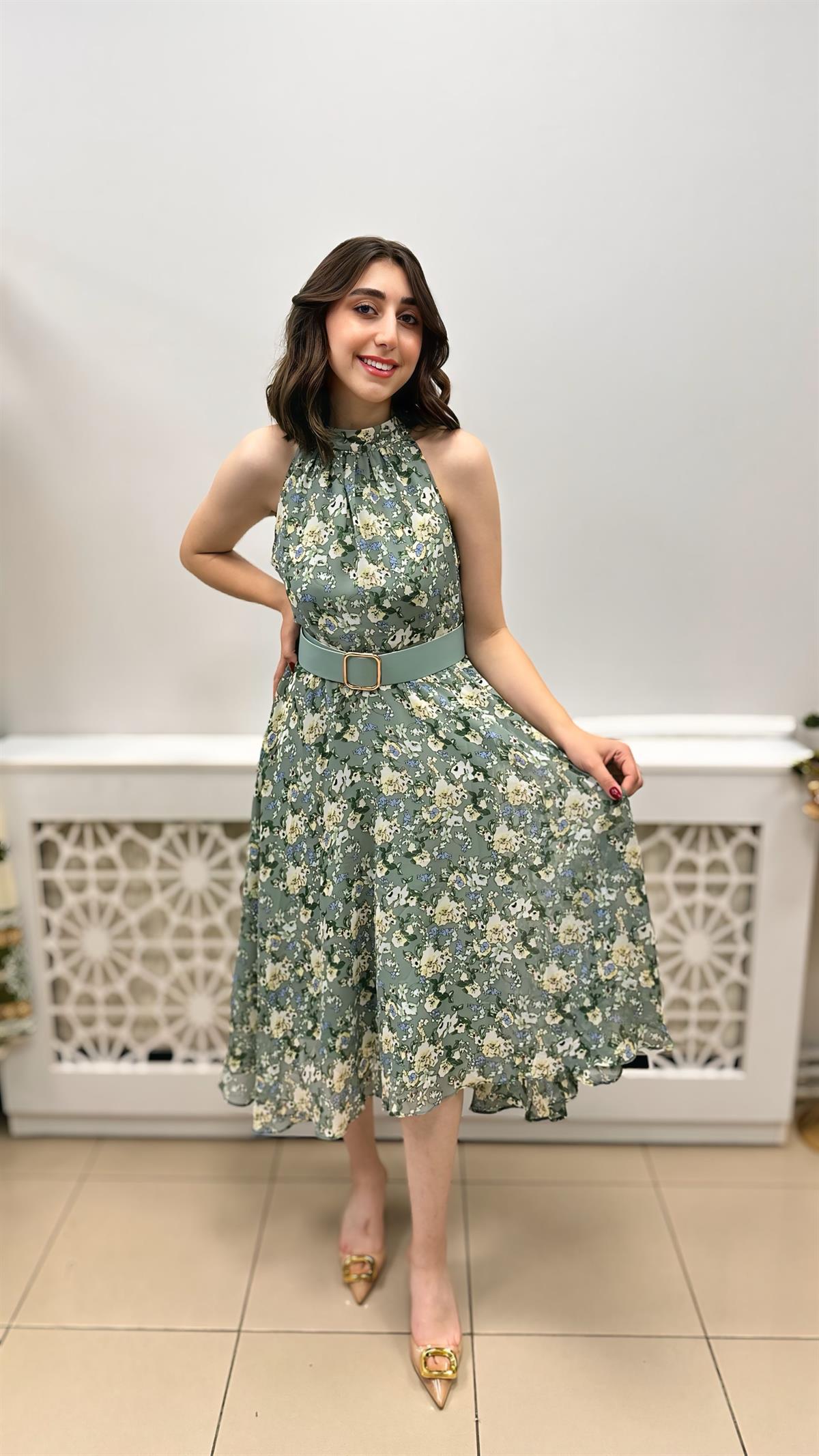 DİANA ASTARLI KEMERLİ ÇİÇEKLİ ELBİSE MİNT