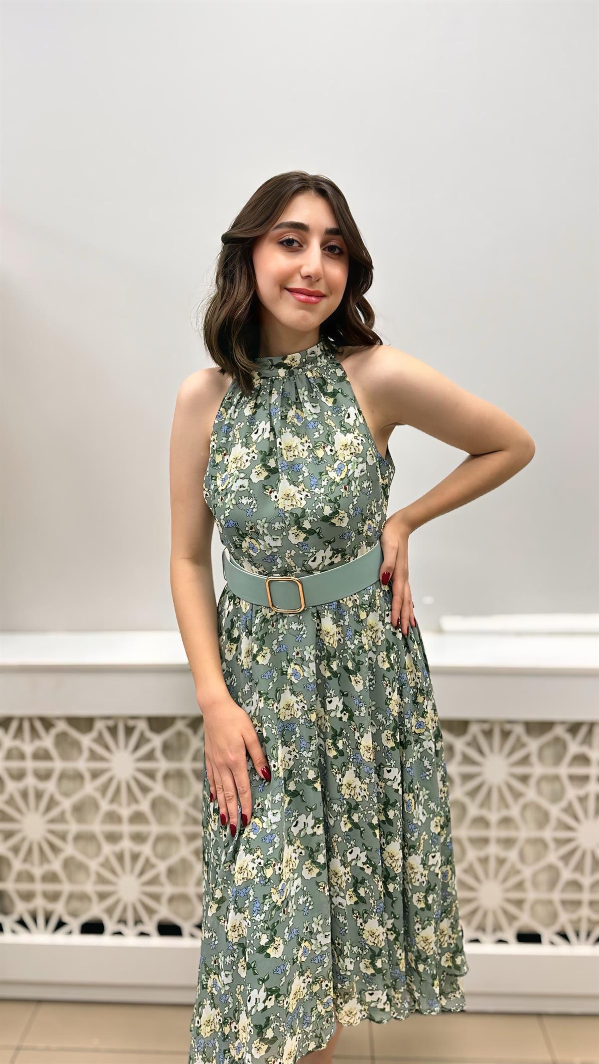 DİANA ASTARLI KEMERLİ ÇİÇEKLİ ELBİSE MİNT