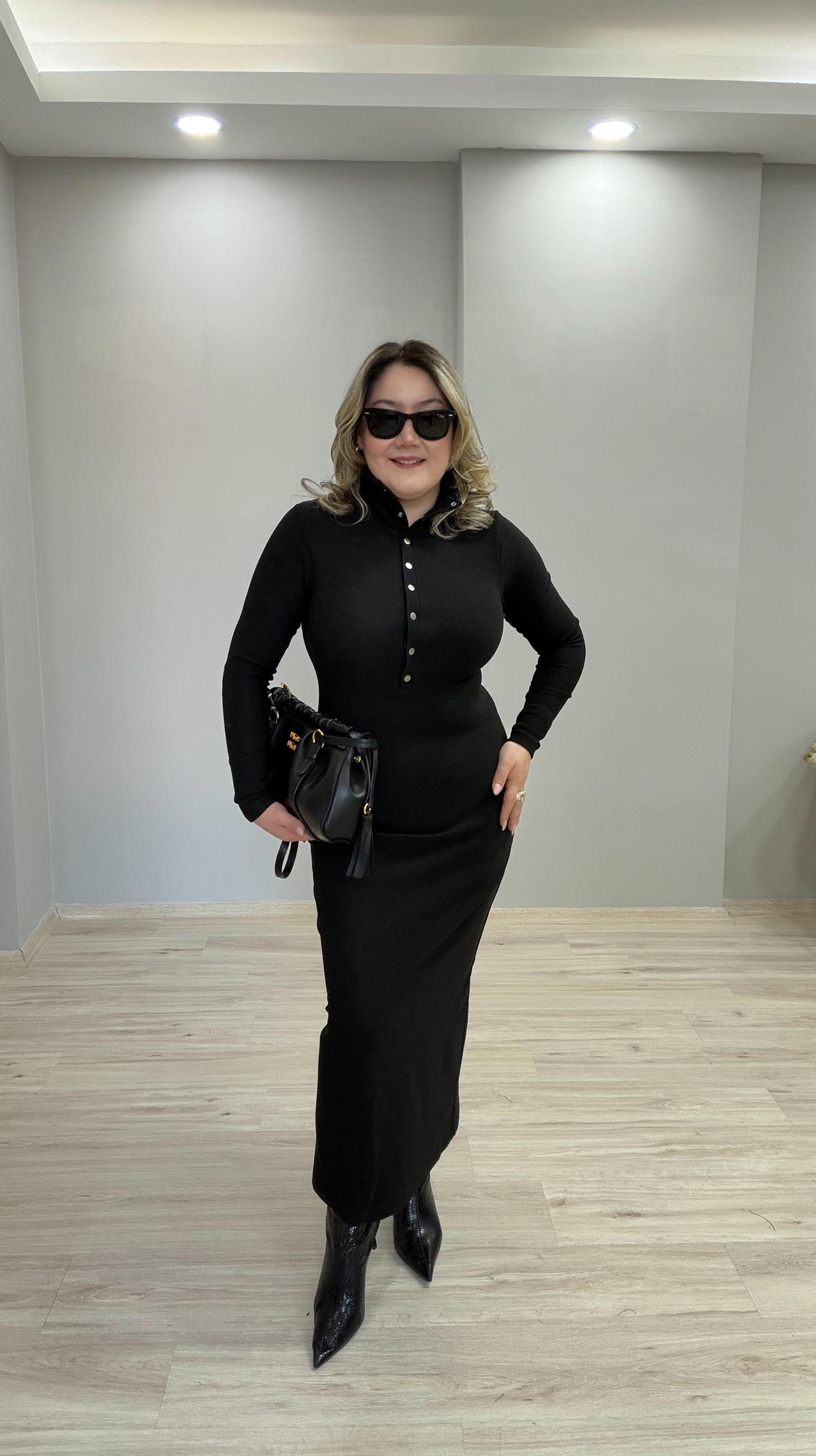 DİK YAKA OTTOMAN KUMAŞ MAXİ ELBİSE SİYAH