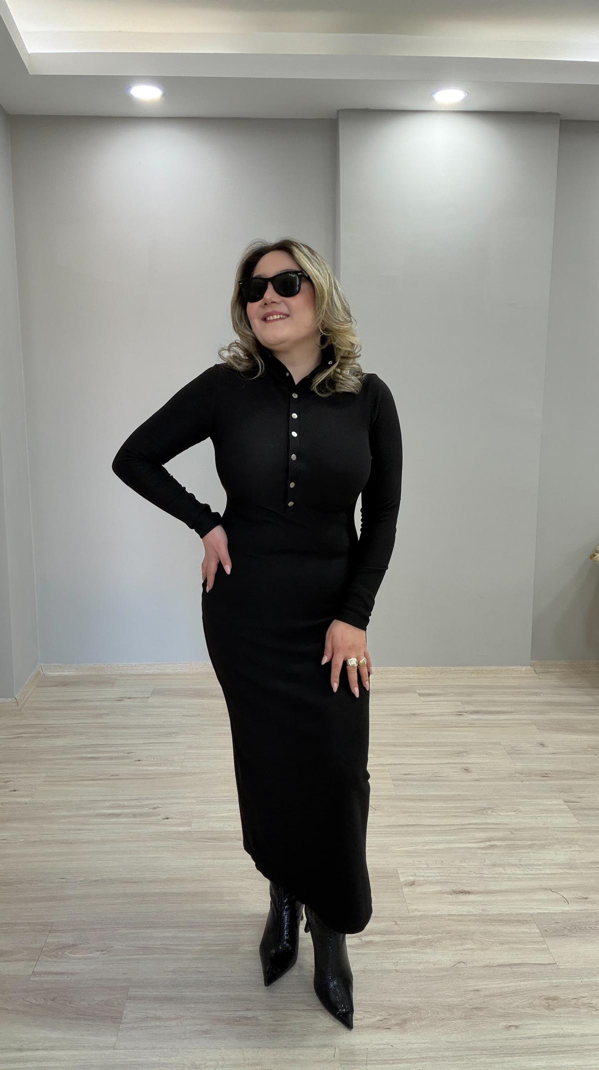 DİK YAKA OTTOMAN KUMAŞ MAXİ ELBİSE SİYAH