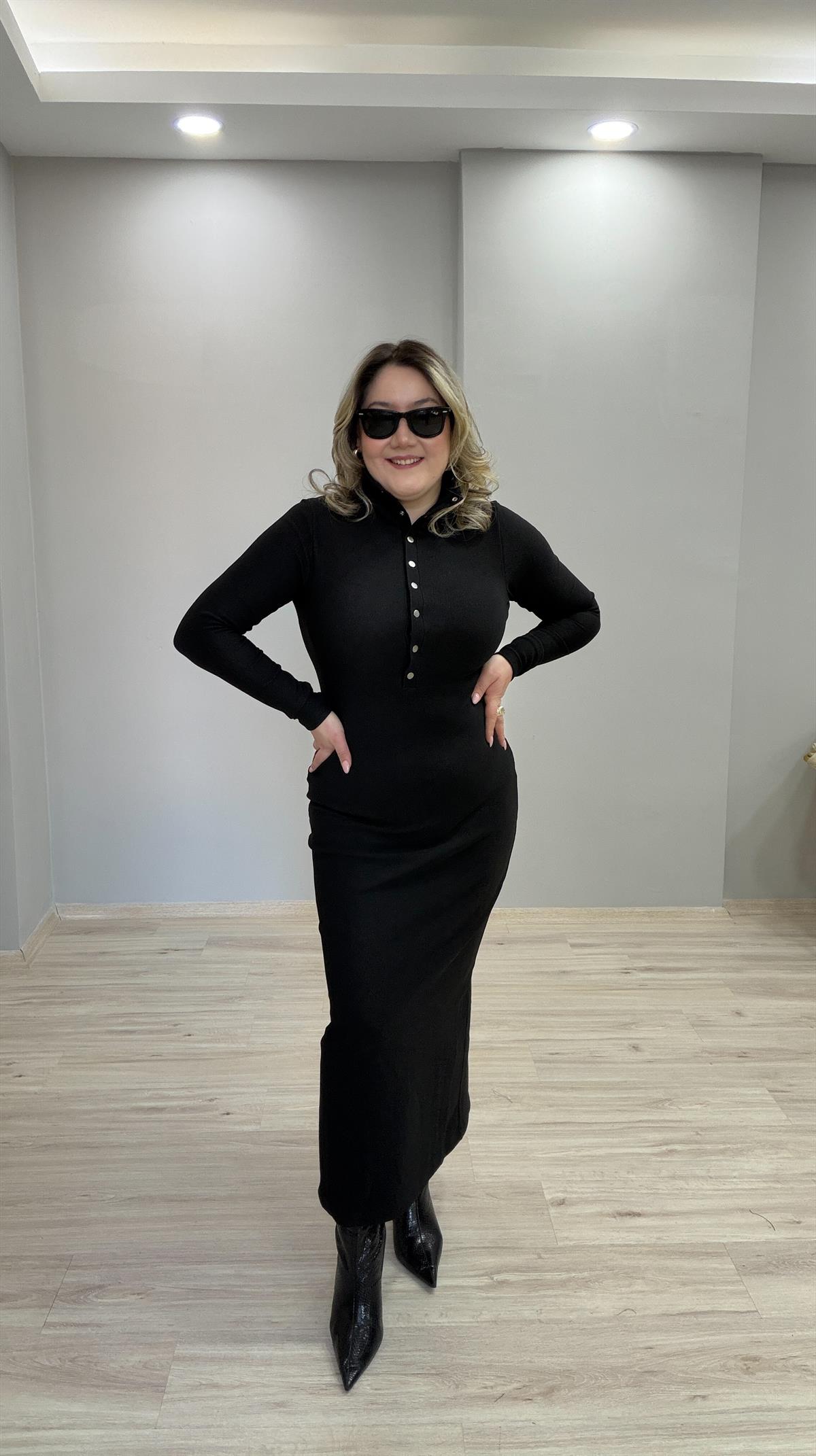 DİK YAKA OTTOMAN KUMAŞ MAXİ ELBİSE SİYAH