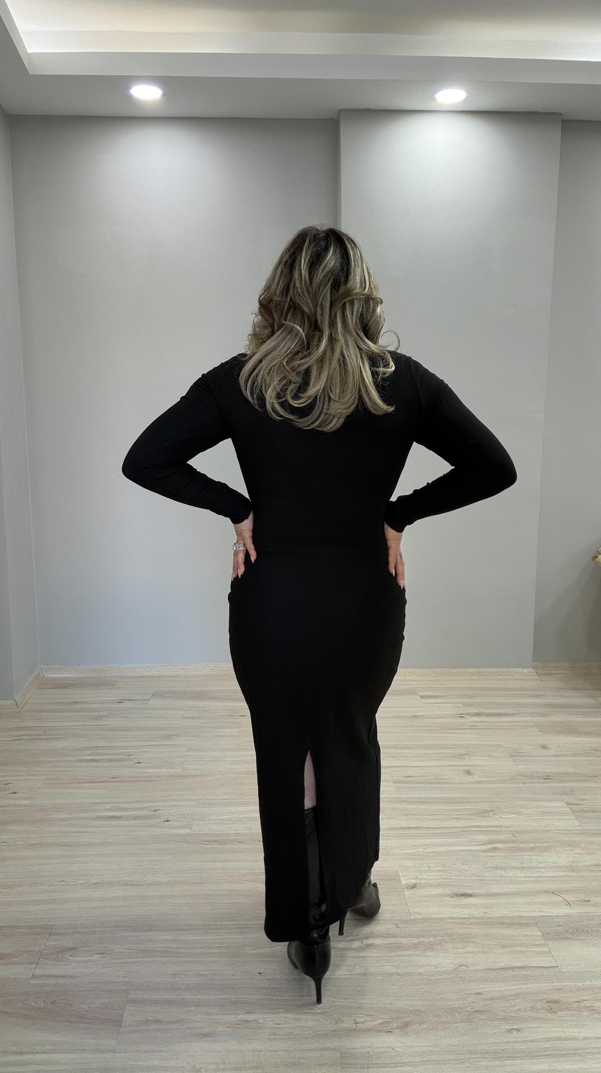 DİK YAKA OTTOMAN KUMAŞ MAXİ ELBİSE SİYAH