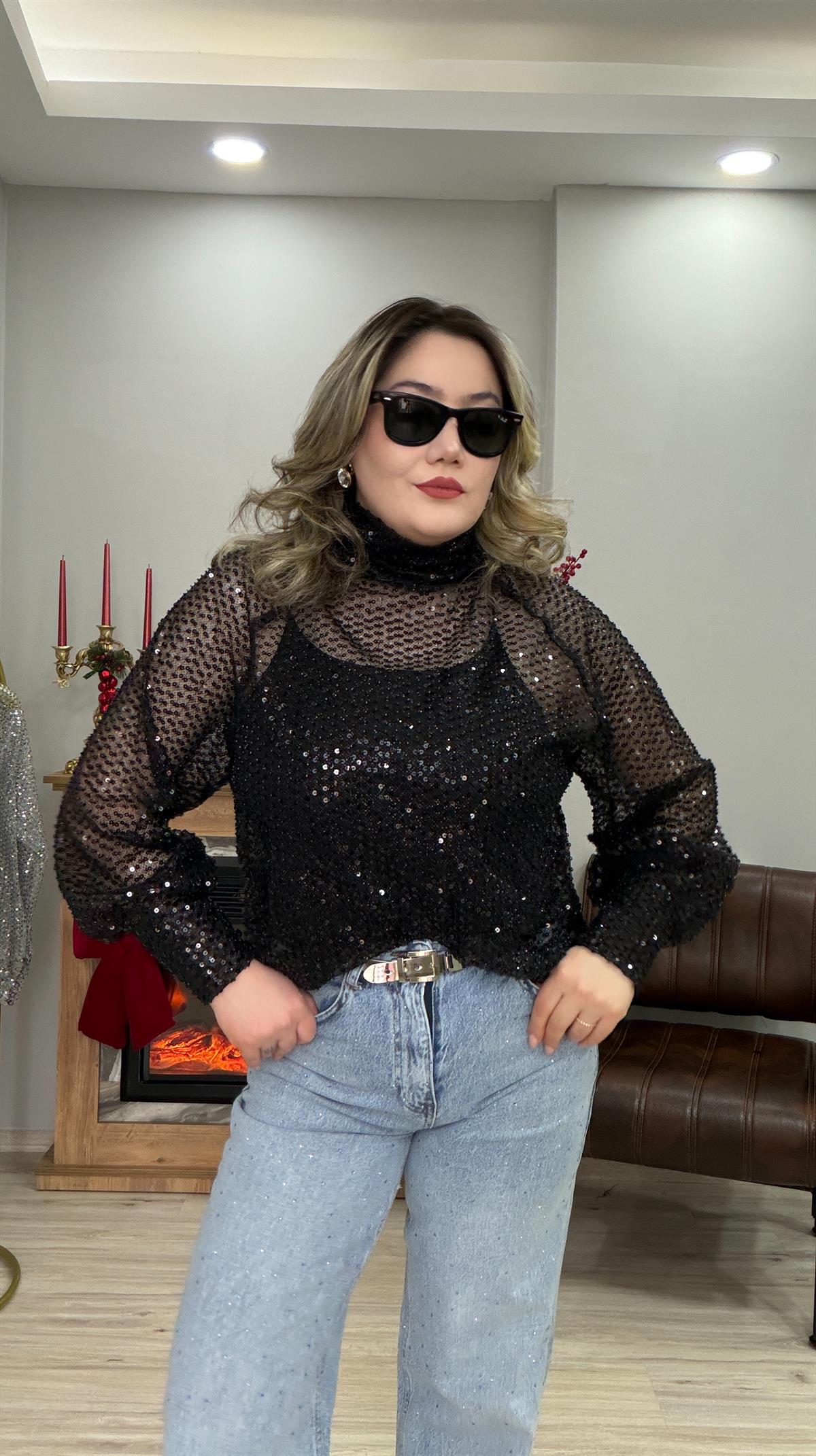 DİK YAKA PAYETLİ BLUZ SİYAH