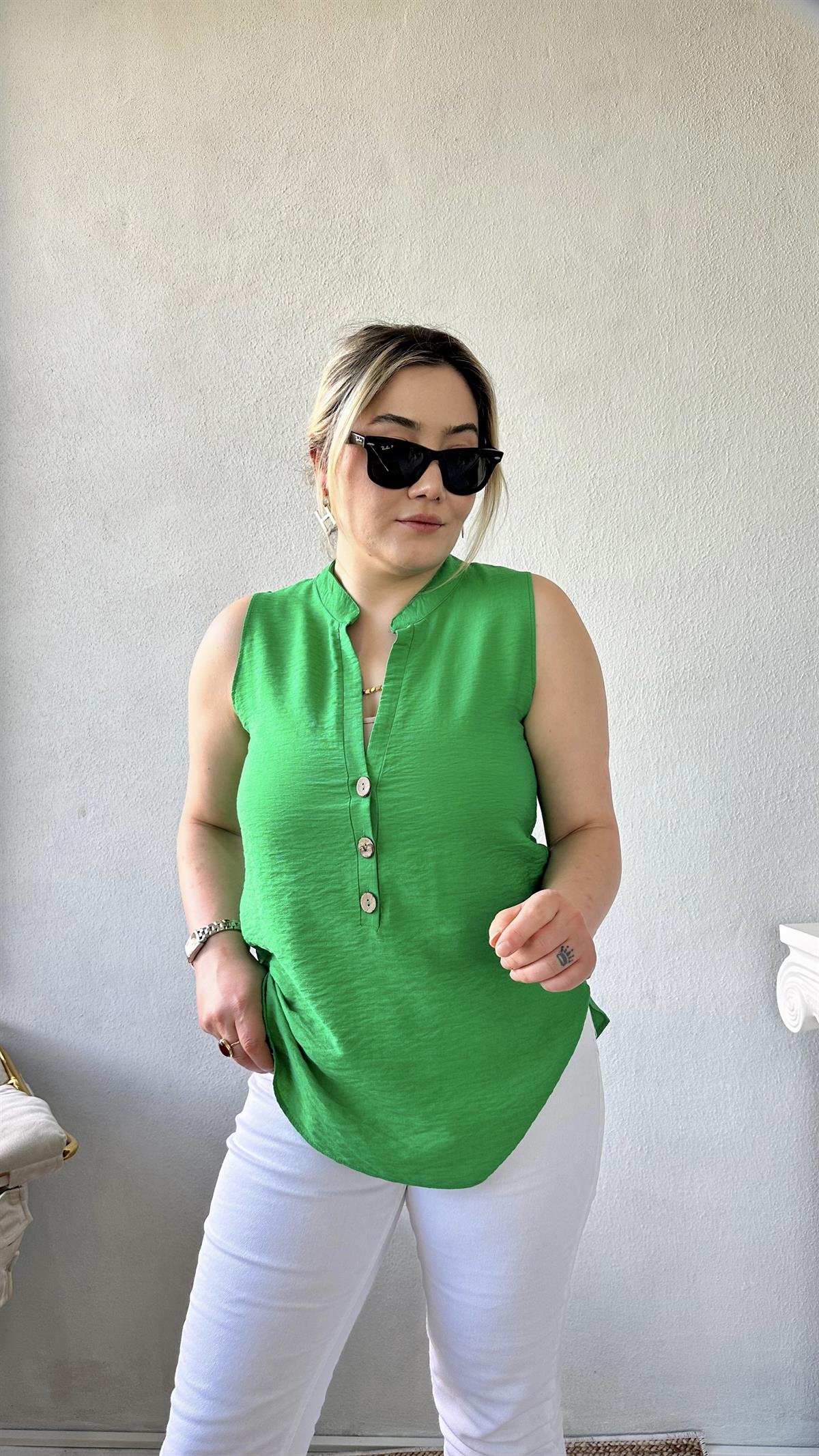 Dik Yaka Sıfır Kol Gömlek-Bluz Benetton Yeşili