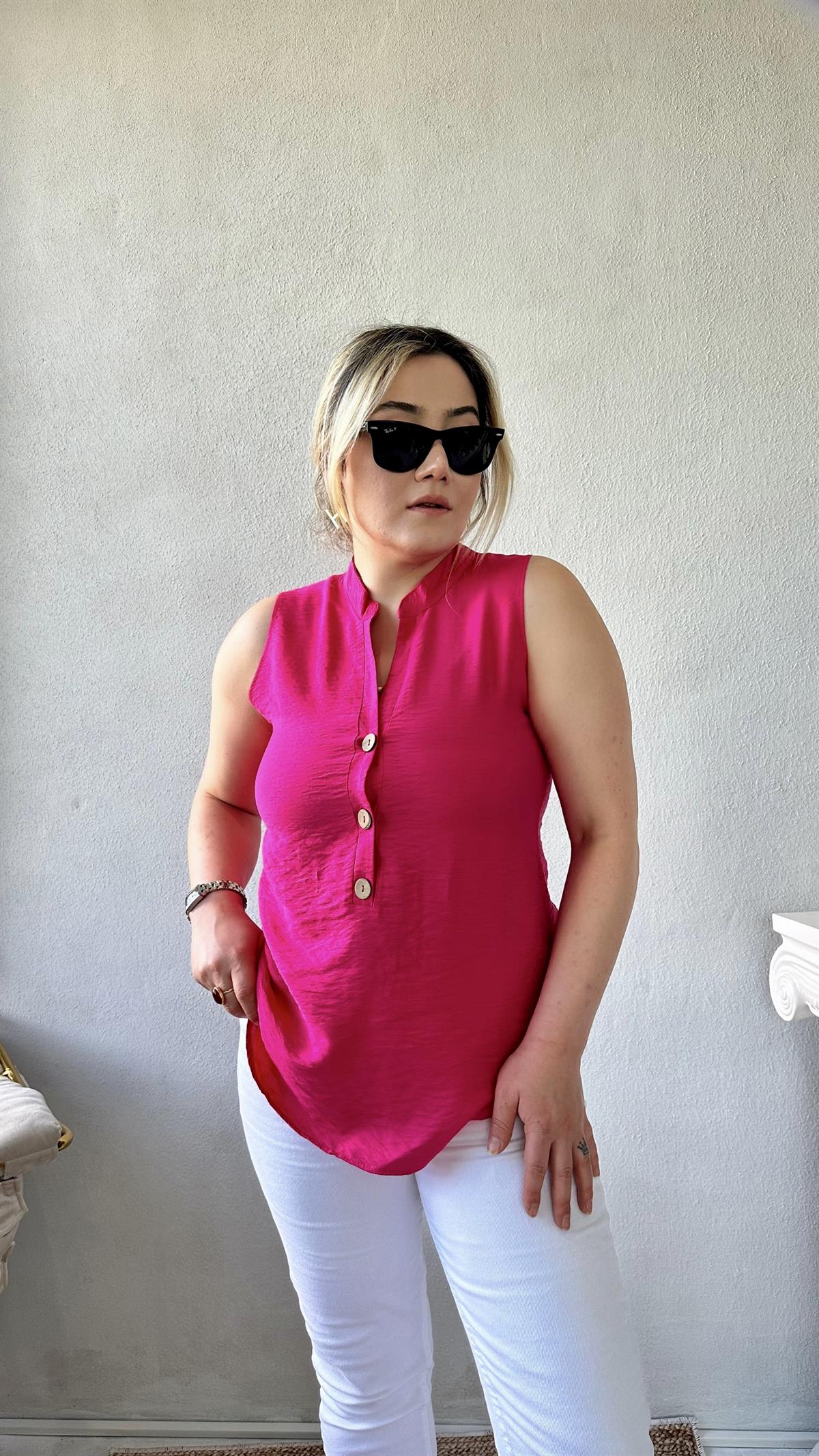 Dik Yaka Sıfır Kol Gömlek-Bluz Fuşya