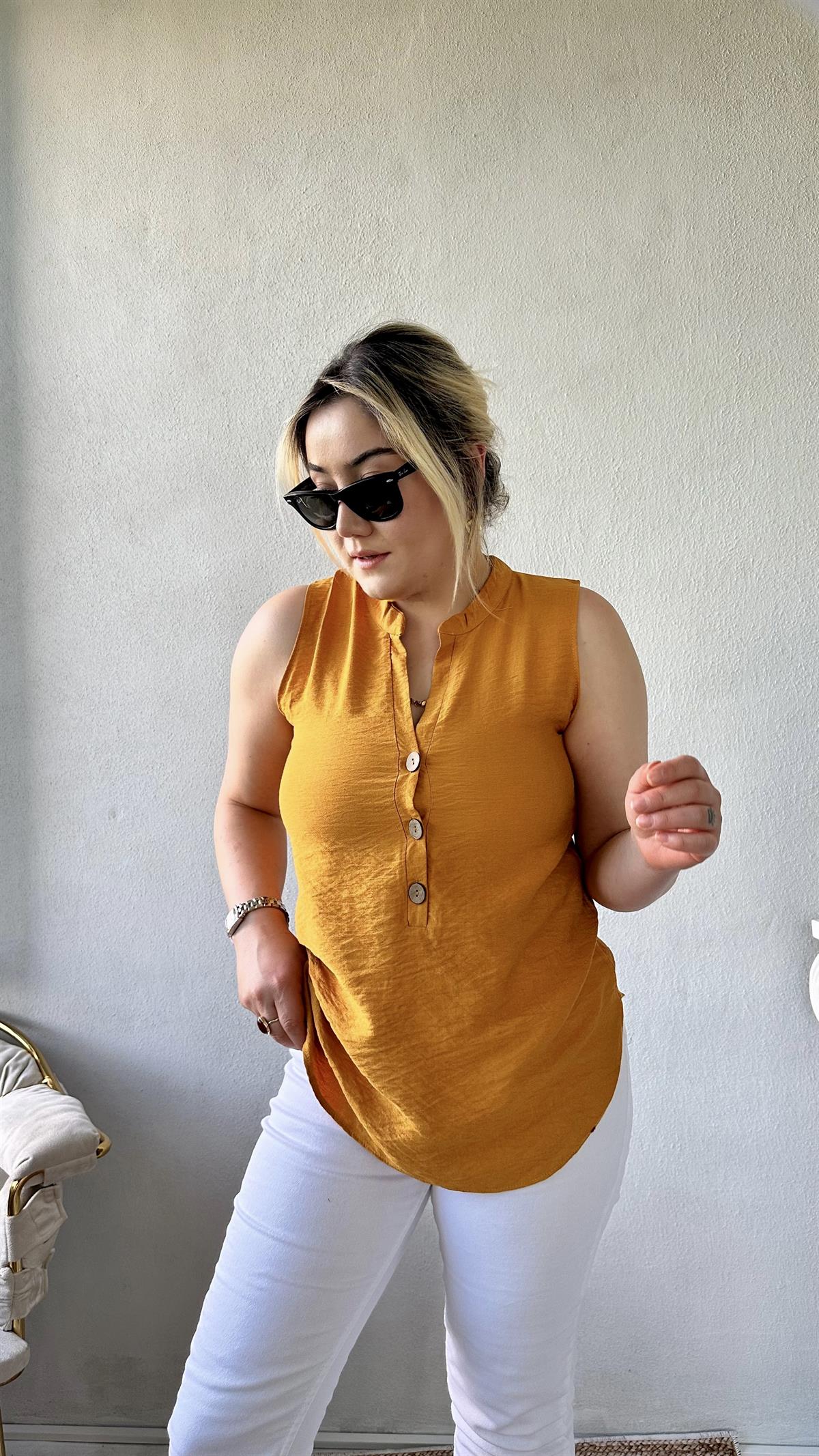 Dik Yaka Sıfır Kol Gömlek-Bluz Hardal sarısı 