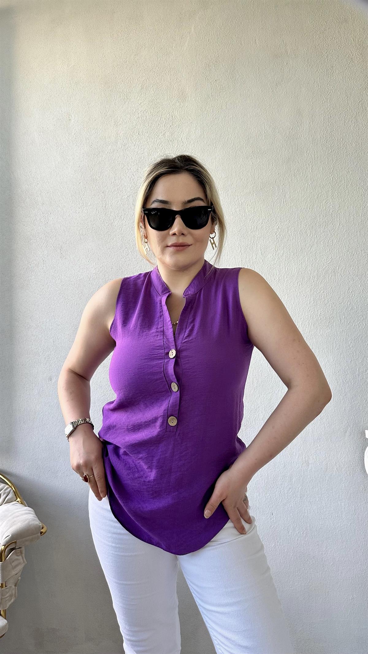 Dik Yaka Sıfır Kol Gömlek-Bluz Mor