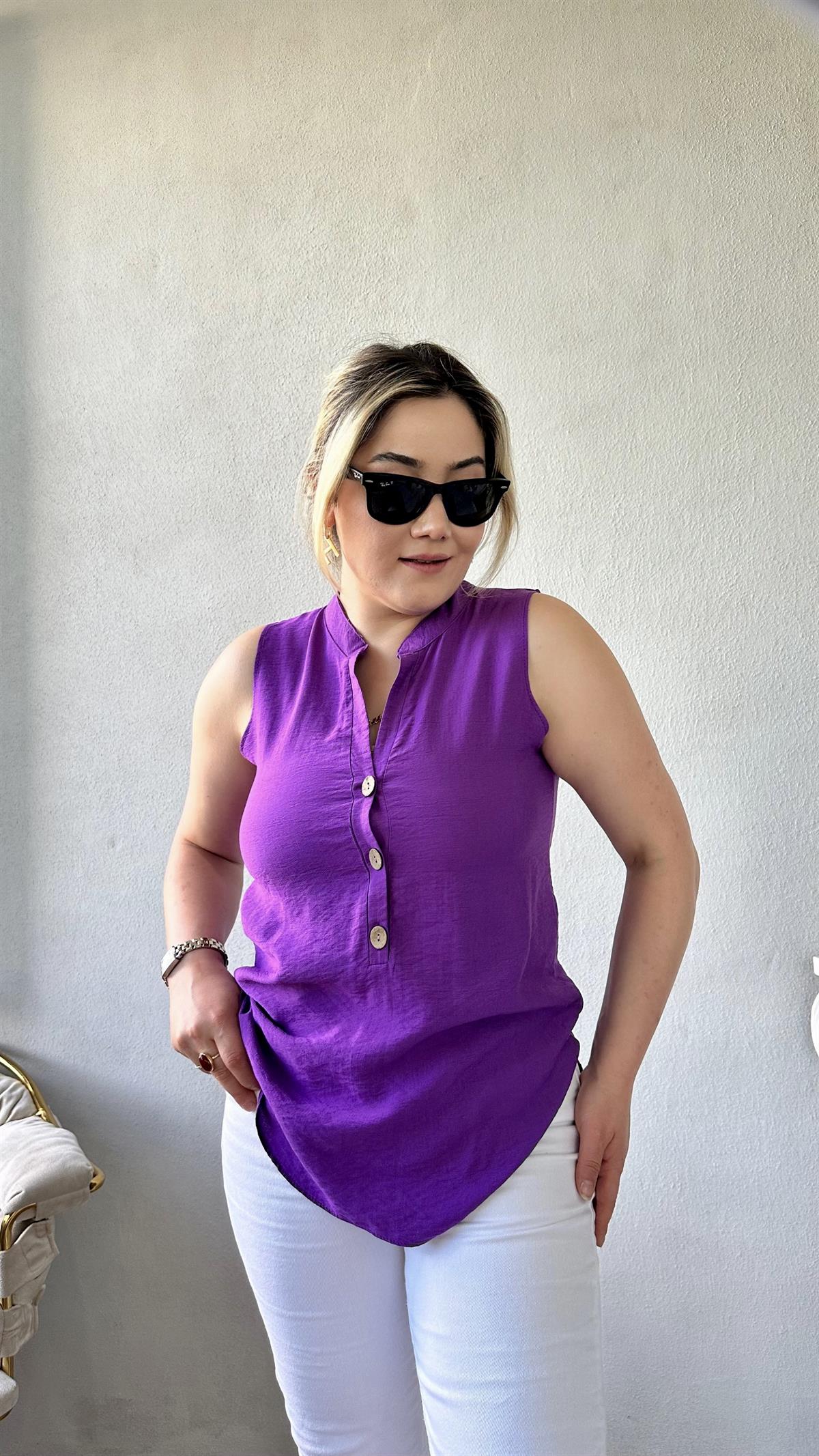 Dik Yaka Sıfır Kol Gömlek-Bluz Mor