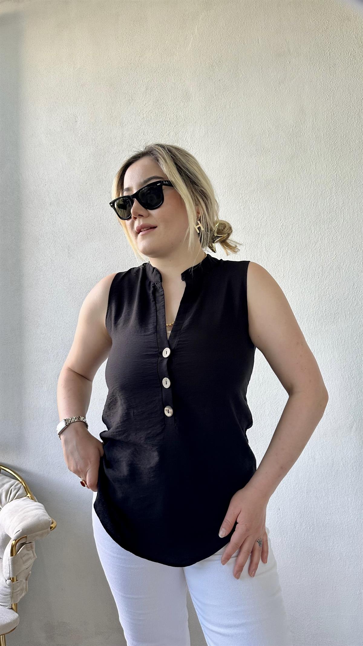 Dik Yaka Sıfır Kol Gömlek-Bluz Siyah
