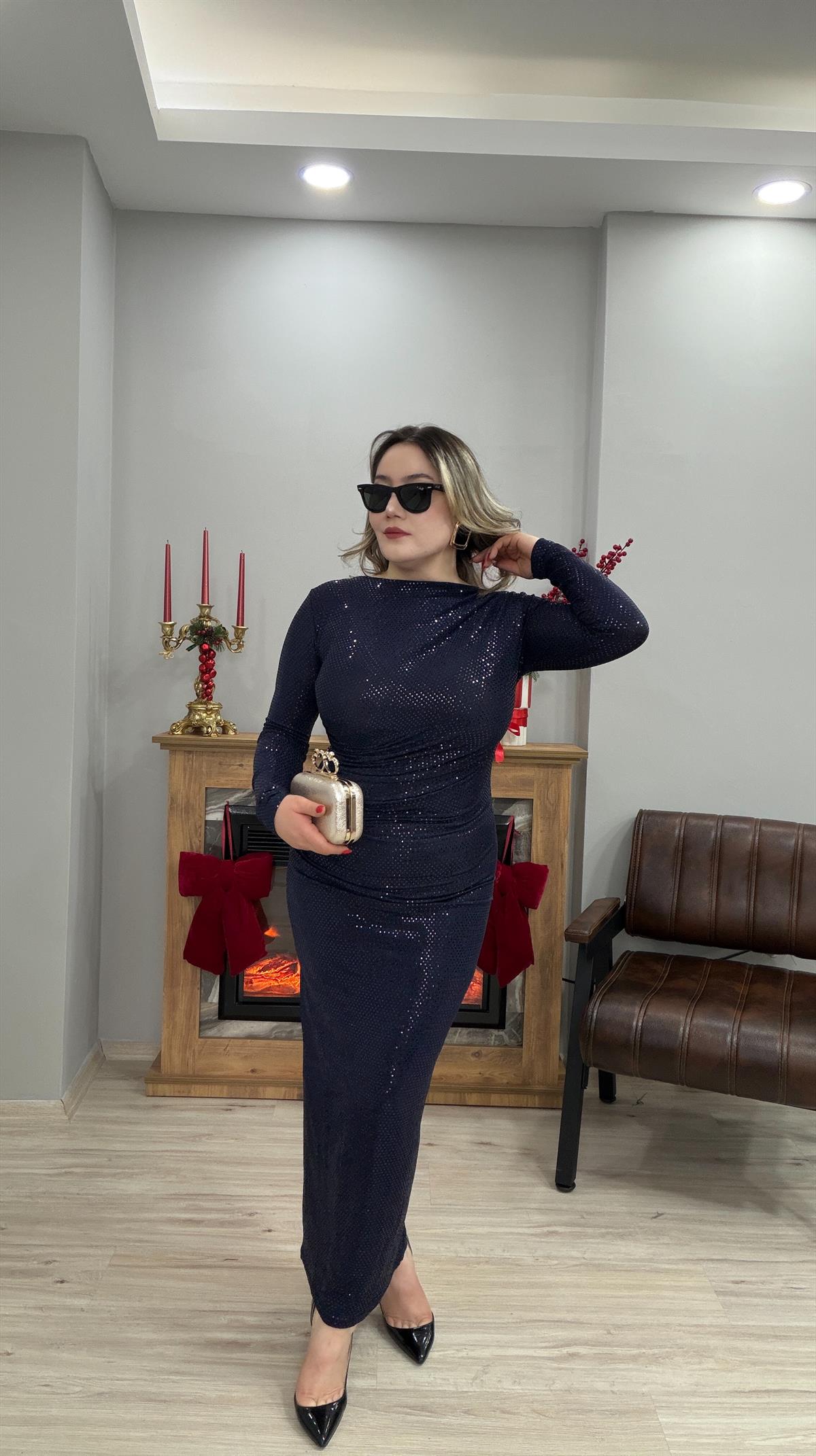 DRAPE DETAYLI PAYETLİ ELBİSE LACİVERT