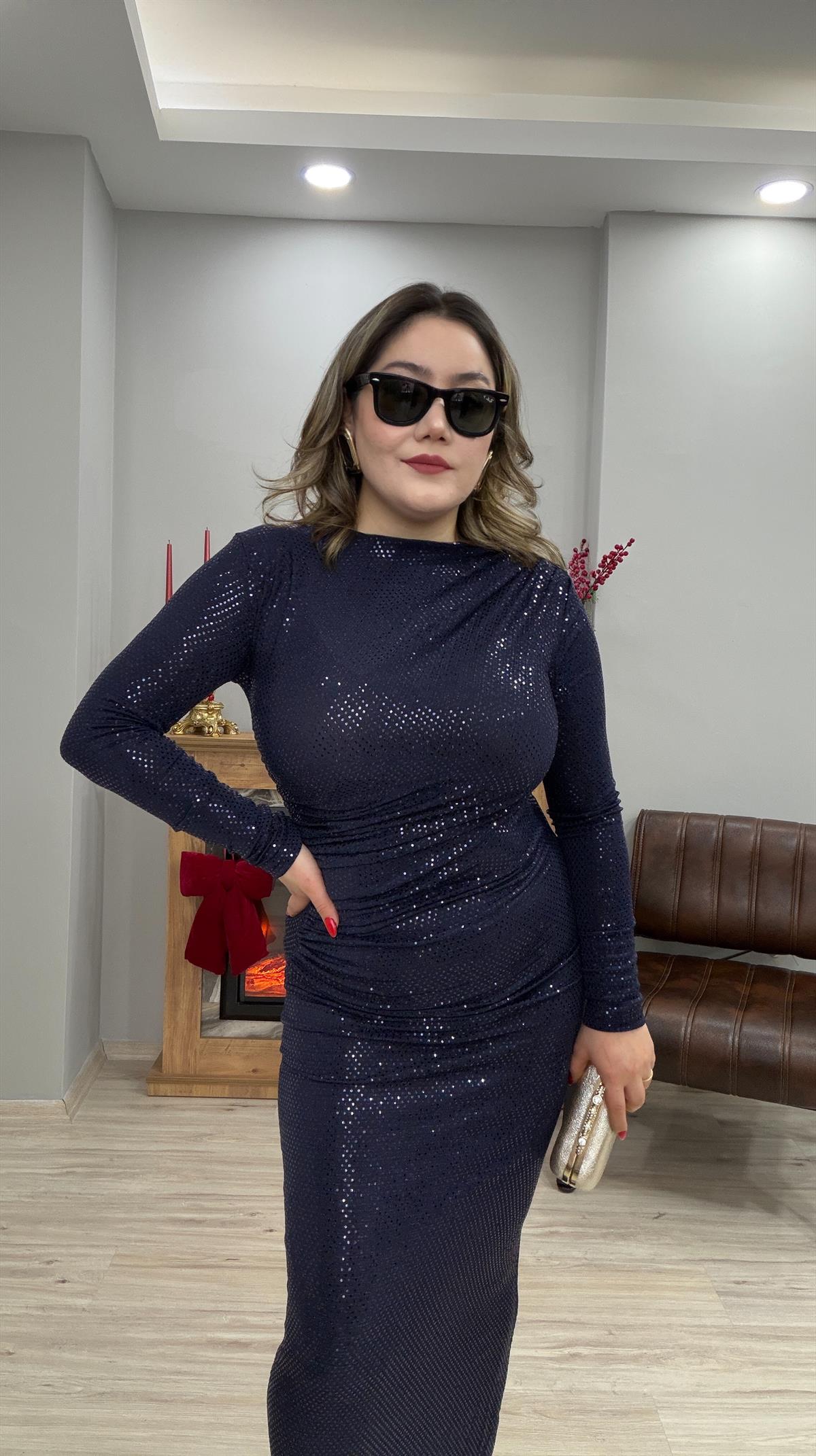DRAPE DETAYLI PAYETLİ ELBİSE LACİVERT