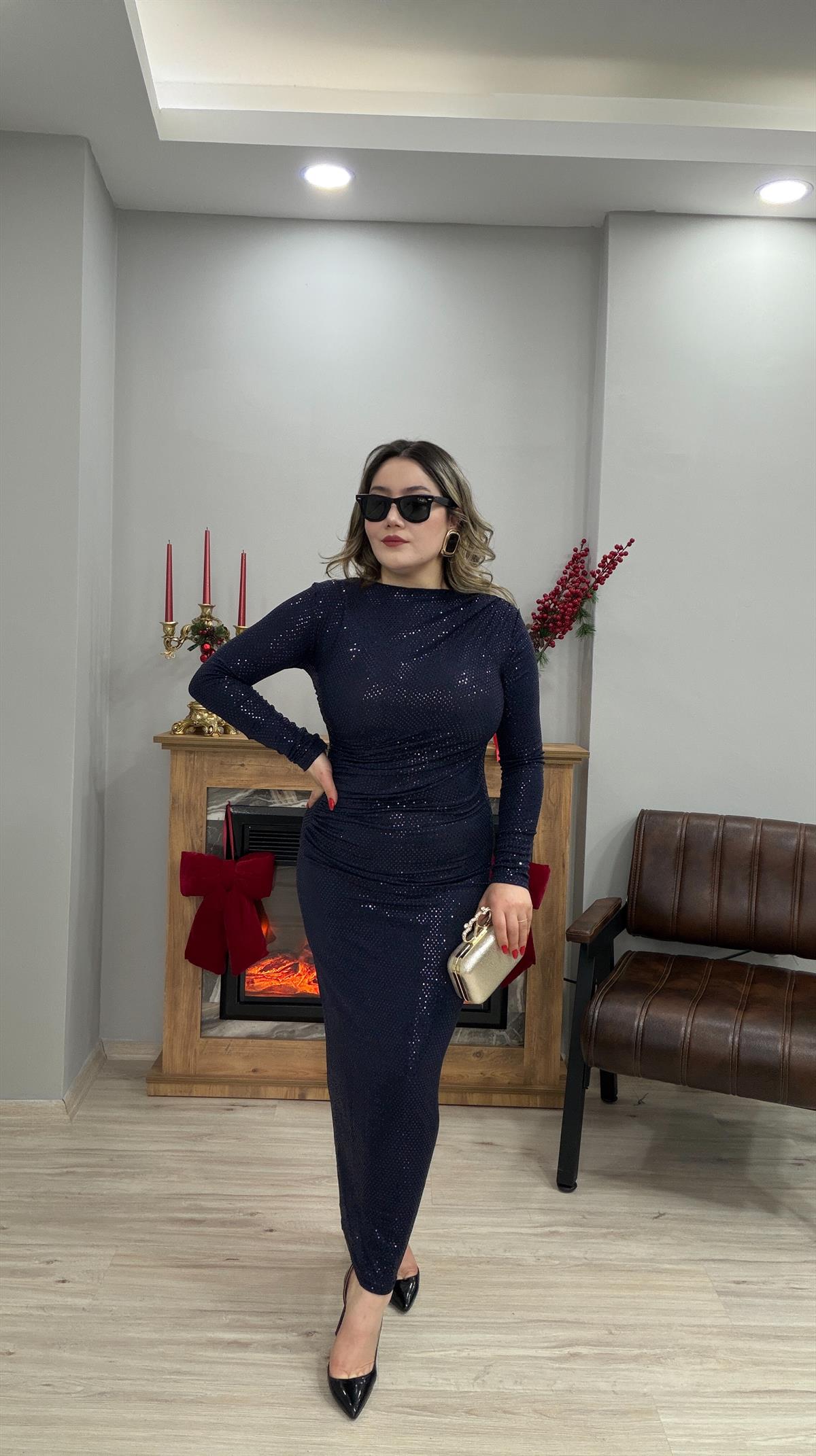 DRAPE DETAYLI PAYETLİ ELBİSE LACİVERT