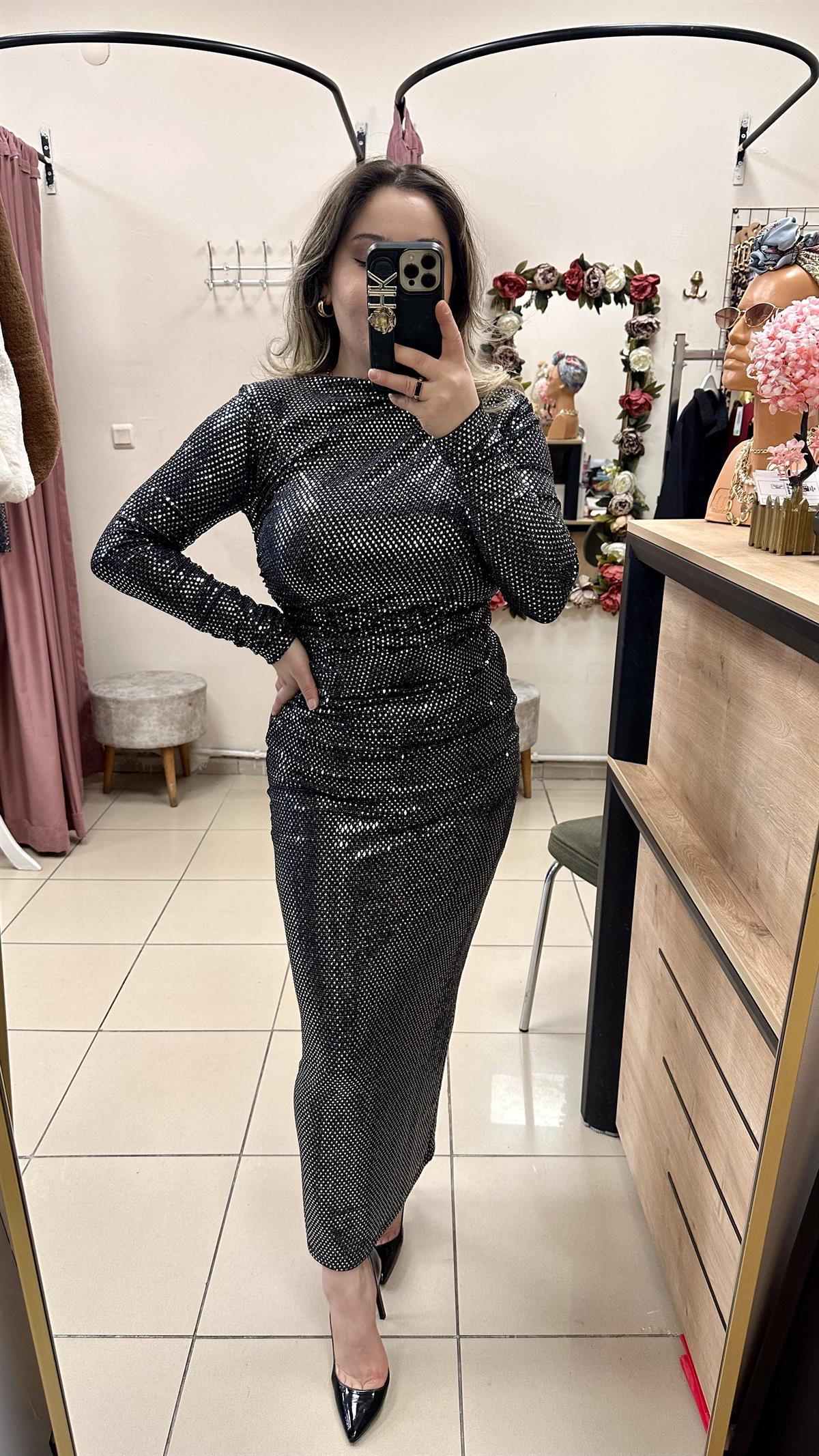DRAPE DETAYLI PAYETLİ ELBİSE METALİK