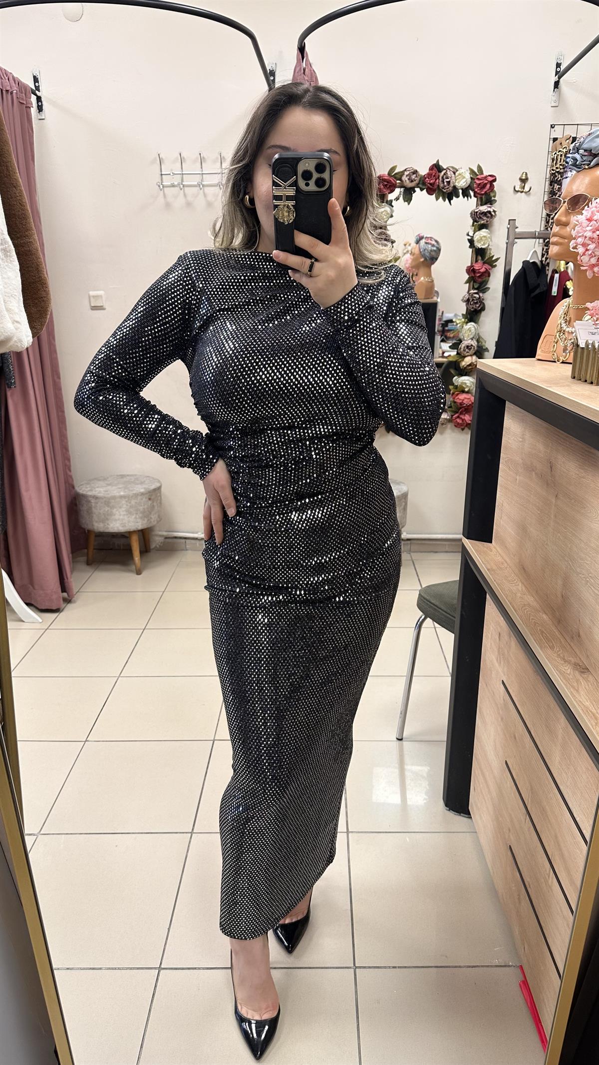 DRAPE DETAYLI PAYETLİ ELBİSE METALİK