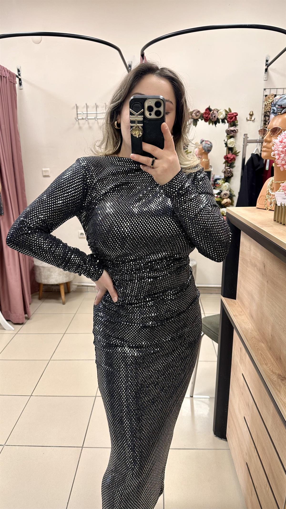 DRAPE DETAYLI PAYETLİ ELBİSE METALİK