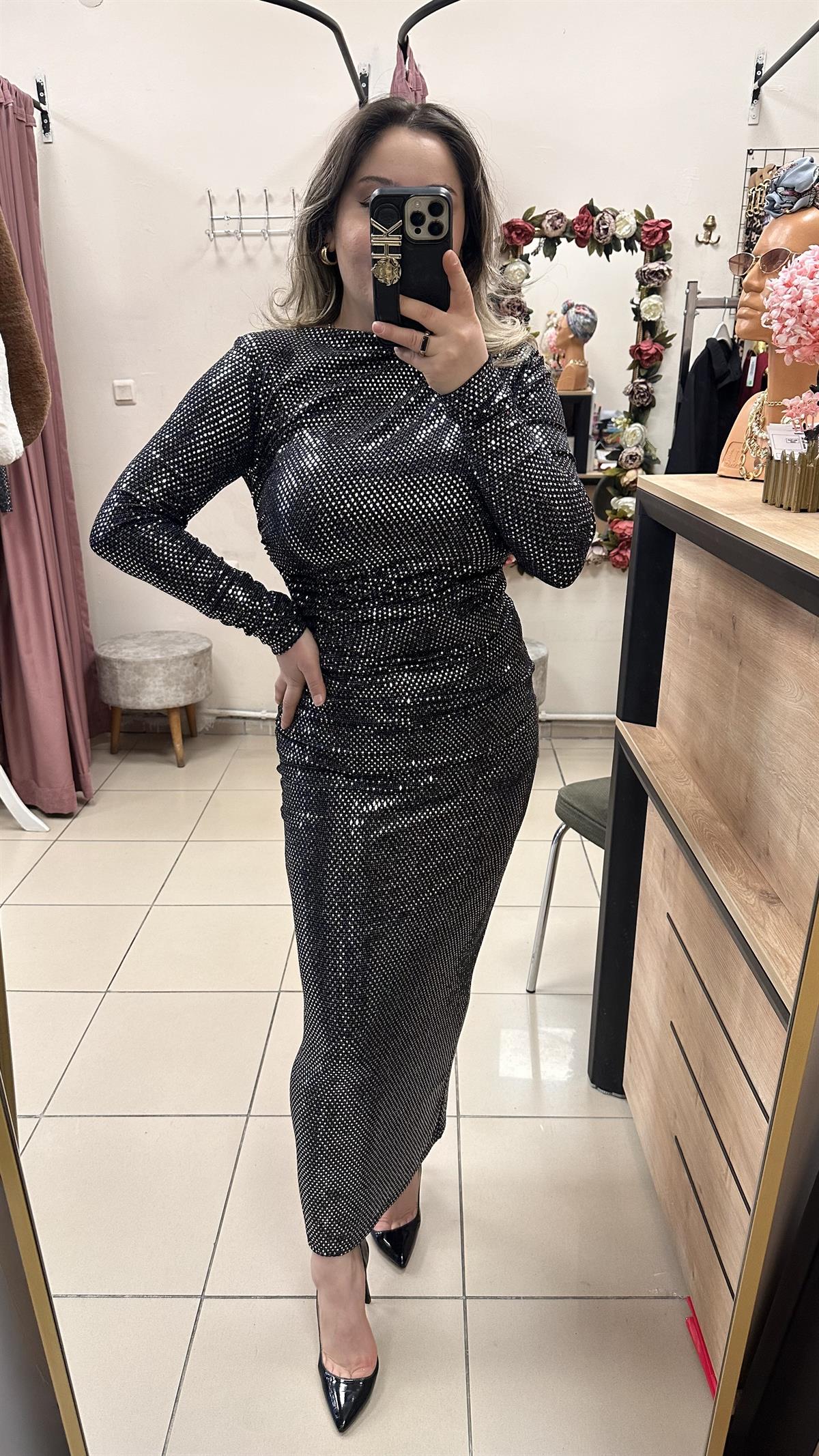 DRAPE DETAYLI PAYETLİ ELBİSE METALİK
